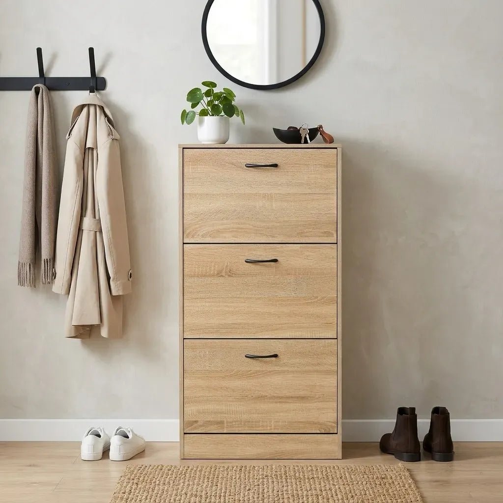 3 Flip Drawer Modern Shoe Storage Cabinet with Hidden Storage - Oak - Furniture > Living Room > Shoe Storage - Rivercity House & Home Co. (ABN 18 642 972 209) - Affordable Modern Furniture Australia