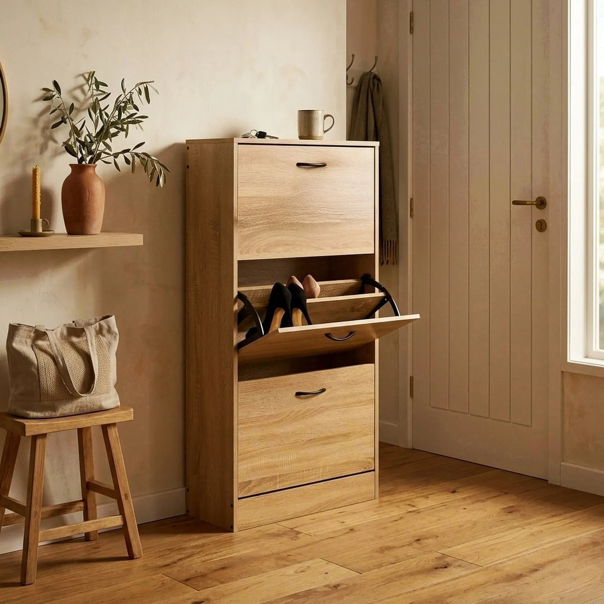 3 Flip Drawer Modern Shoe Storage Cabinet with Hidden Storage - Oak - Furniture > Living Room > Shoe Storage - Rivercity House & Home Co. (ABN 18 642 972 209) - Affordable Modern Furniture Australia