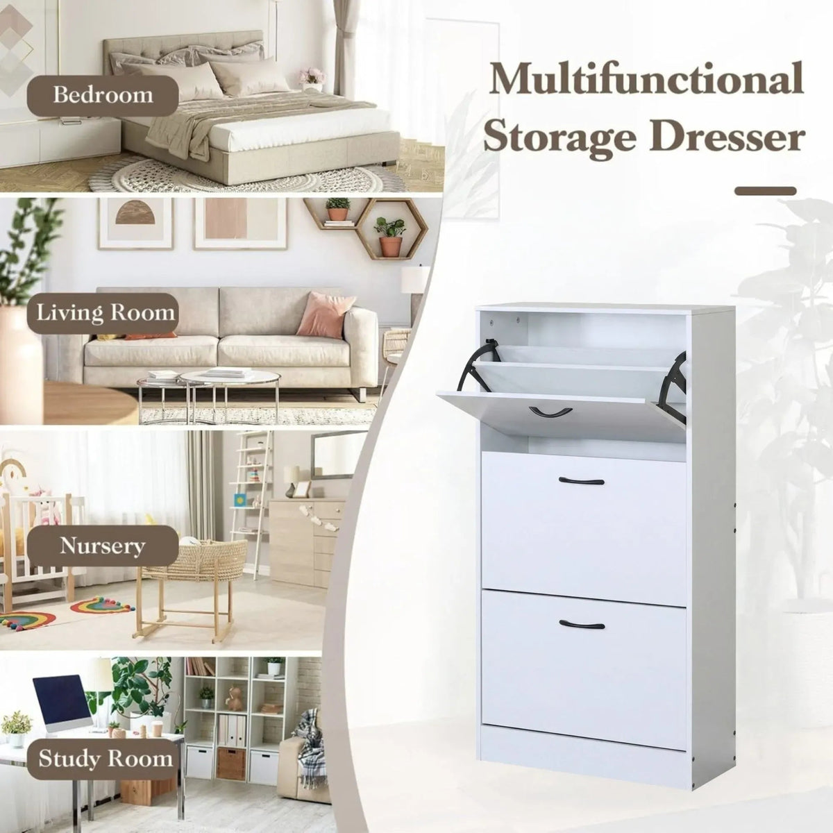 3 Flip Drawer Shoe Cabinet with Hidden Storage - White - Furniture > Living Room > Shoe Storage - Rivercity House & Home Co. (ABN 18 642 972 209) - Affordable Modern Furniture Australia