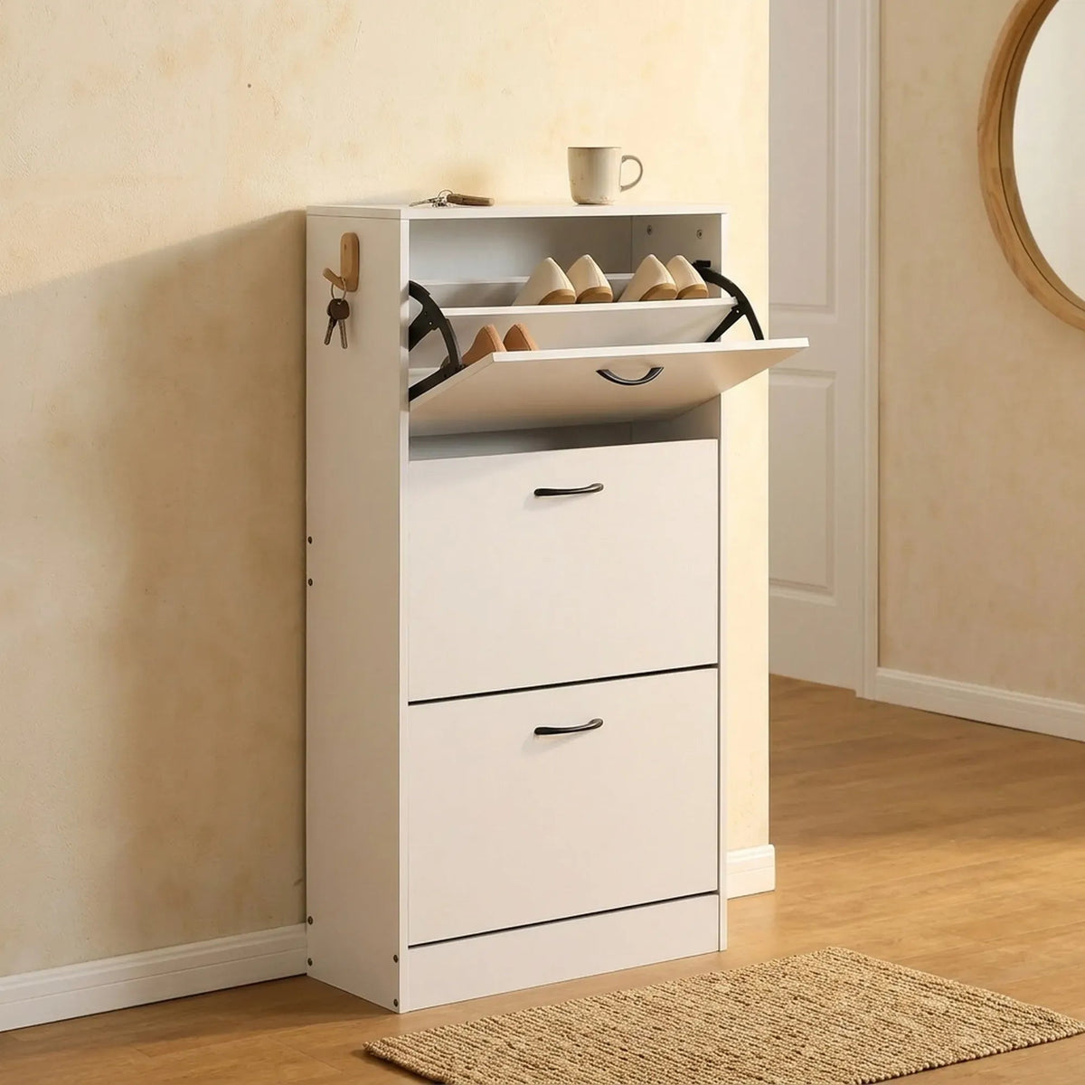 3 Flip Drawer Shoe Cabinet with Hidden Storage - White - Furniture > Living Room > Shoe Storage - Rivercity House & Home Co. (ABN 18 642 972 209) - Affordable Modern Furniture Australia