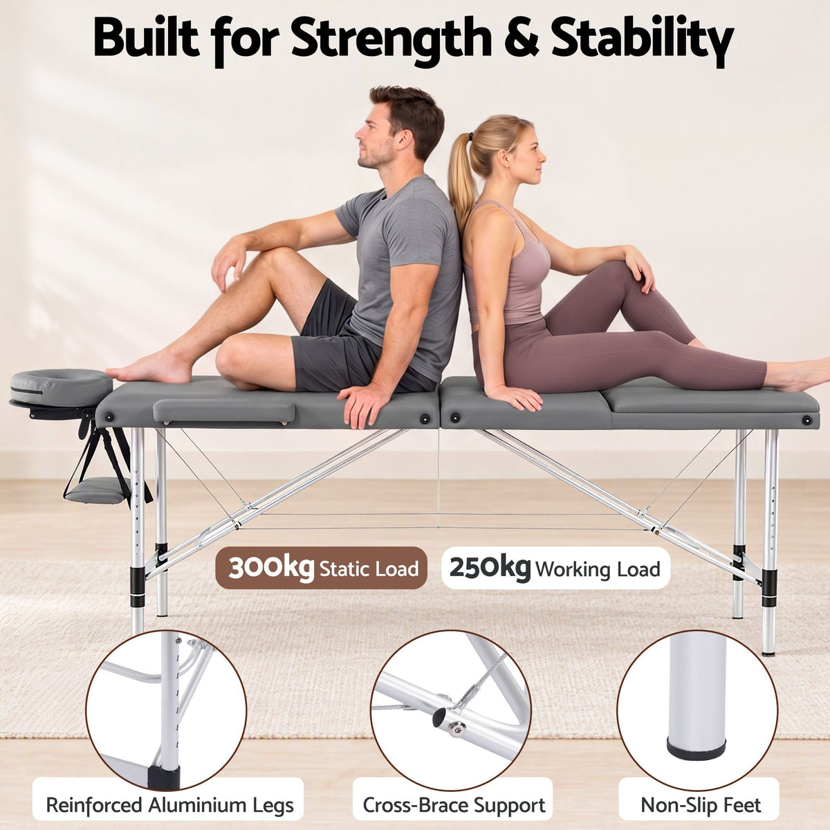 3-Fold Portable Massage Table with Adjustable Backrest & Height 60cm - Grey - Health & Beauty > Massage & Relaxation > Massage Tables - Rivercity House & Home Co. (ABN 18 642 972 209) - Affordable Modern Furniture Australia