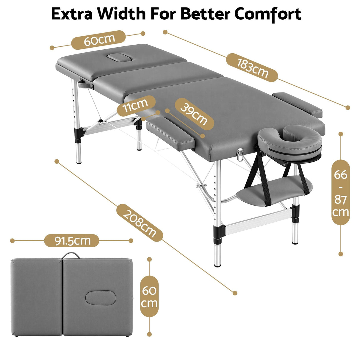 3-Fold Portable Massage Table with Adjustable Backrest & Height 60cm - Grey - Health & Beauty > Massage & Relaxation > Massage Tables - Rivercity House & Home Co. (ABN 18 642 972 209) - Affordable Modern Furniture Australia