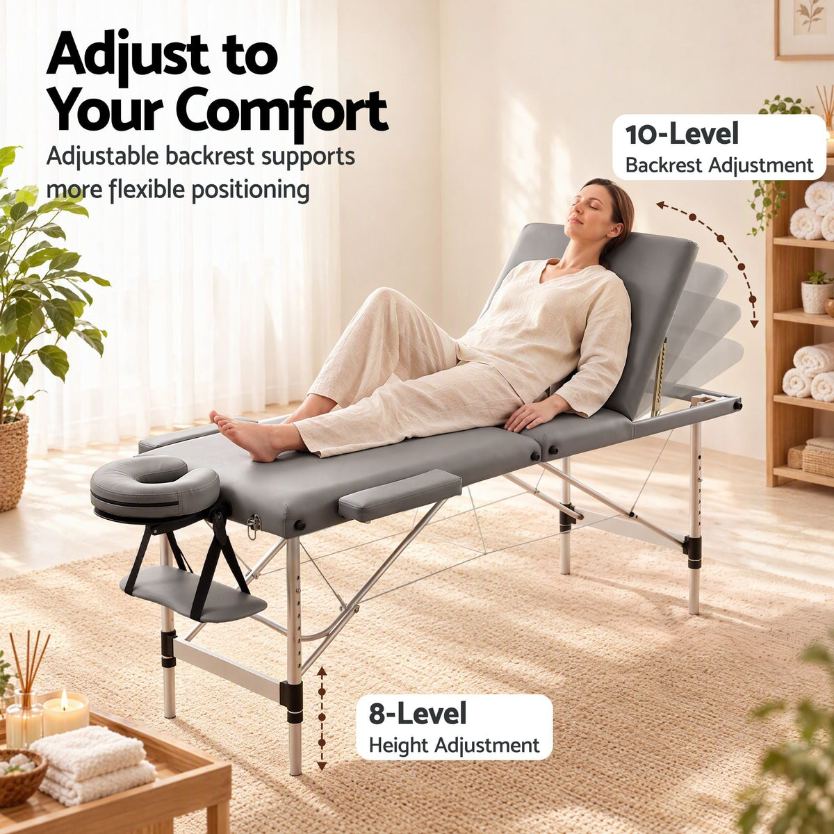 3-Fold Portable Massage Table with Adjustable Backrest & Height 60cm - Grey - Health & Beauty > Massage & Relaxation > Massage Tables - Rivercity House & Home Co. (ABN 18 642 972 209) - Affordable Modern Furniture Australia