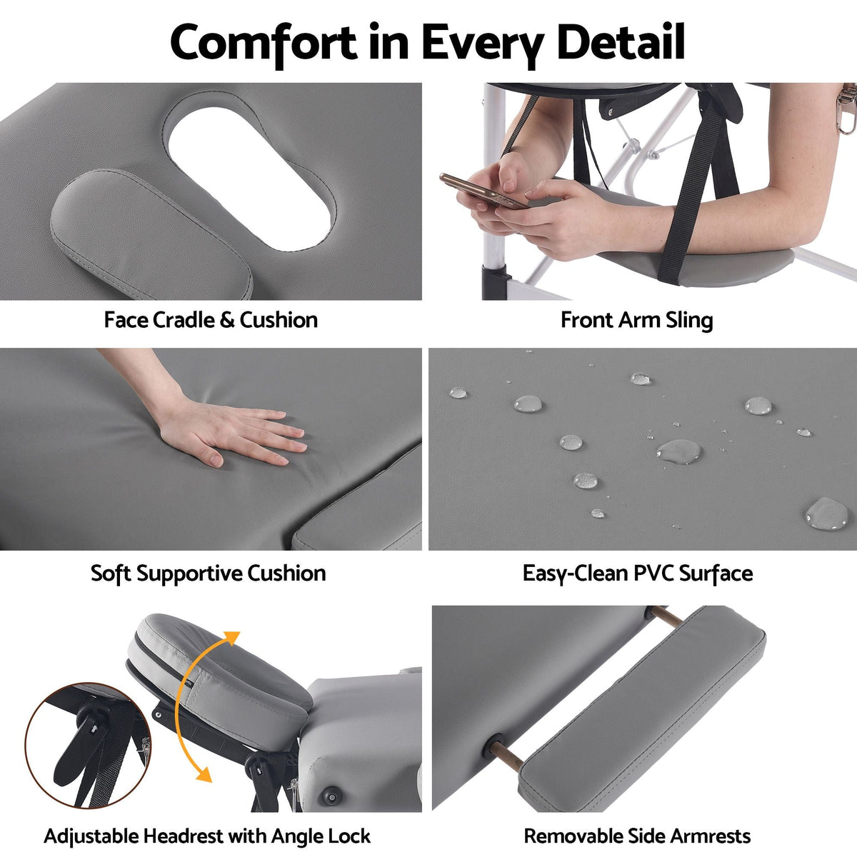 3-Fold Portable Massage Table with Adjustable Backrest & Height 60cm - Grey - Health & Beauty > Massage & Relaxation > Massage Tables - Rivercity House & Home Co. (ABN 18 642 972 209) - Affordable Modern Furniture Australia