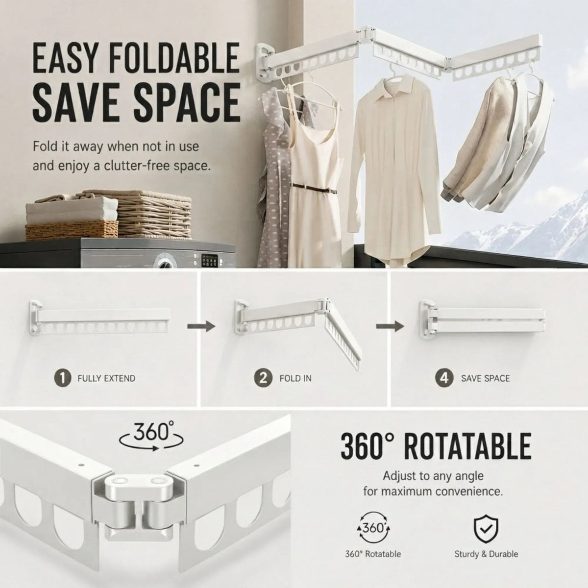 3-Fold Wall Mounted Clothes Drying Rack Space Saver - White - Home & Garden > Storage > Clothing & Wardrobe Storage - Rivercity House & Home Co. (ABN 18 642 972 209) - Affordable Modern Furniture Australia