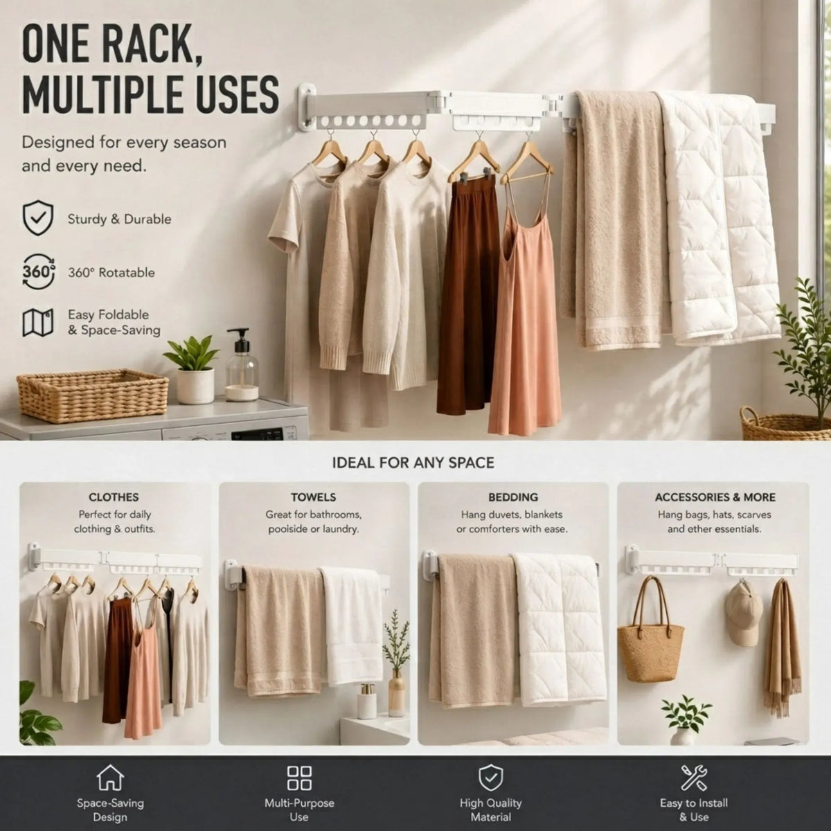 3-Fold Wall Mounted Clothes Drying Rack Space Saver - White - Home & Garden > Storage > Clothing & Wardrobe Storage - Rivercity House & Home Co. (ABN 18 642 972 209) - Affordable Modern Furniture Australia