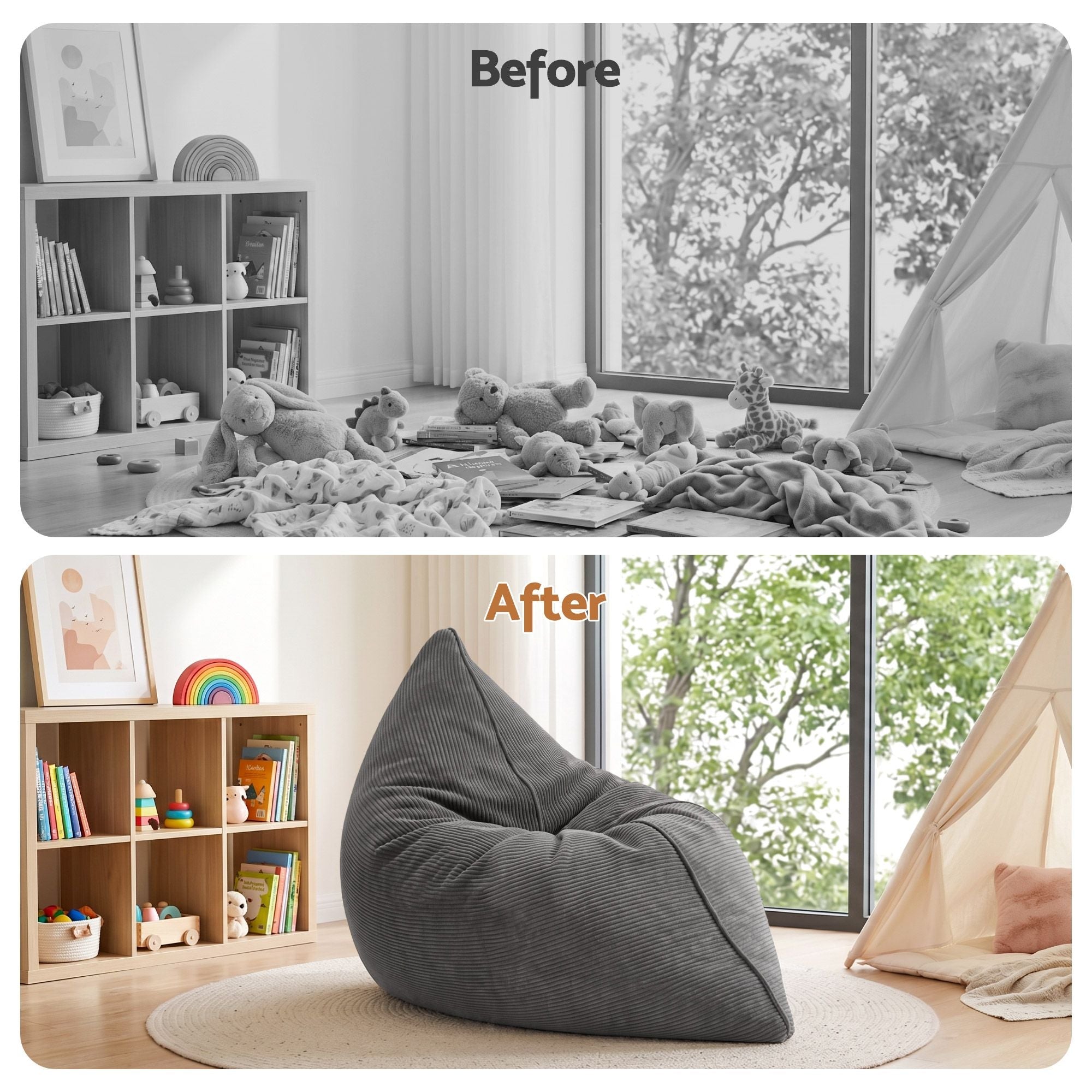 3 in 1 Bean Bag Chair Cover (No Filler) Convertible Bean Bag for Adults, Corduroy Stuffed Animal Storage Bean Bag Cover Washable for Living Room Bedroom, Grey - Furniture > Sofas > Sofa Accessories - Rivercity House & Home Co. (ABN 18 642 972 209) - Affordable Modern Furniture Australia