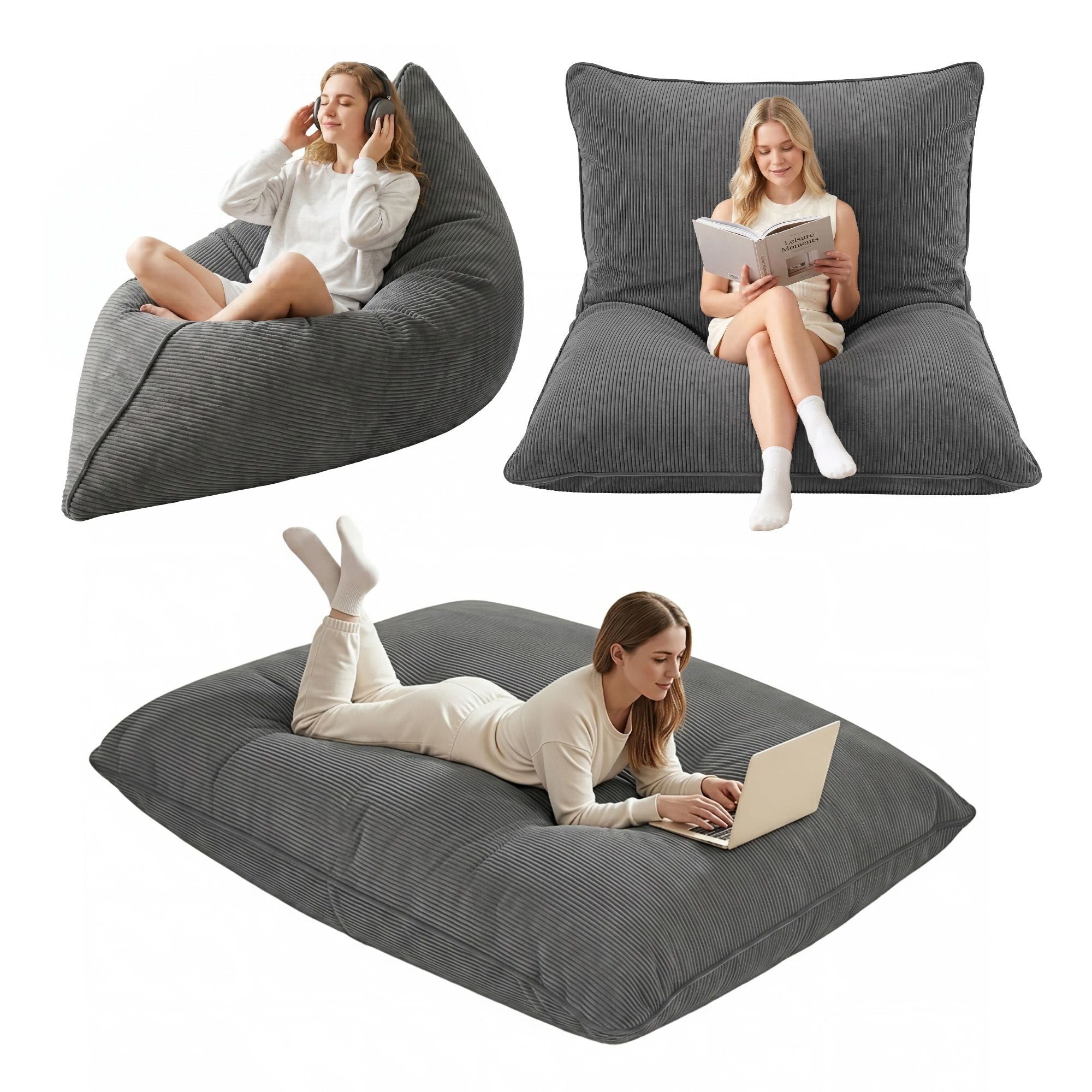 3 in 1 Bean Bag Chair Cover (No Filler) Convertible Bean Bag for Adults, Corduroy Stuffed Animal Storage Bean Bag Cover Washable for Living Room Bedroom, Grey - Furniture > Sofas > Sofa Accessories - Rivercity House & Home Co. (ABN 18 642 972 209) - Affordable Modern Furniture Australia