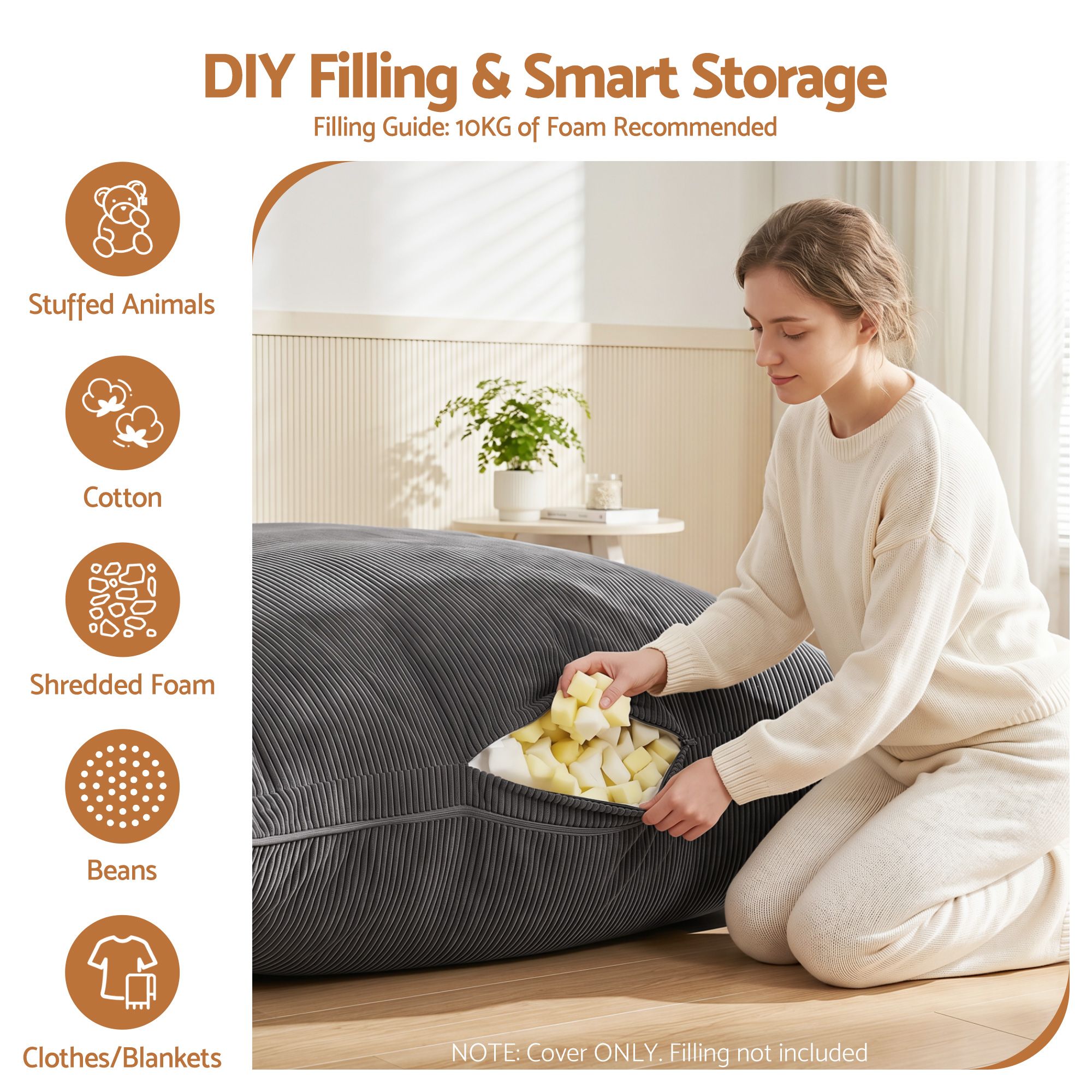 3 in 1 Bean Bag Chair Cover (No Filler) Convertible Bean Bag for Adults, Corduroy Stuffed Animal Storage Bean Bag Cover Washable for Living Room Bedroom, Grey - Furniture > Sofas > Sofa Accessories - Rivercity House & Home Co. (ABN 18 642 972 209) - Affordable Modern Furniture Australia