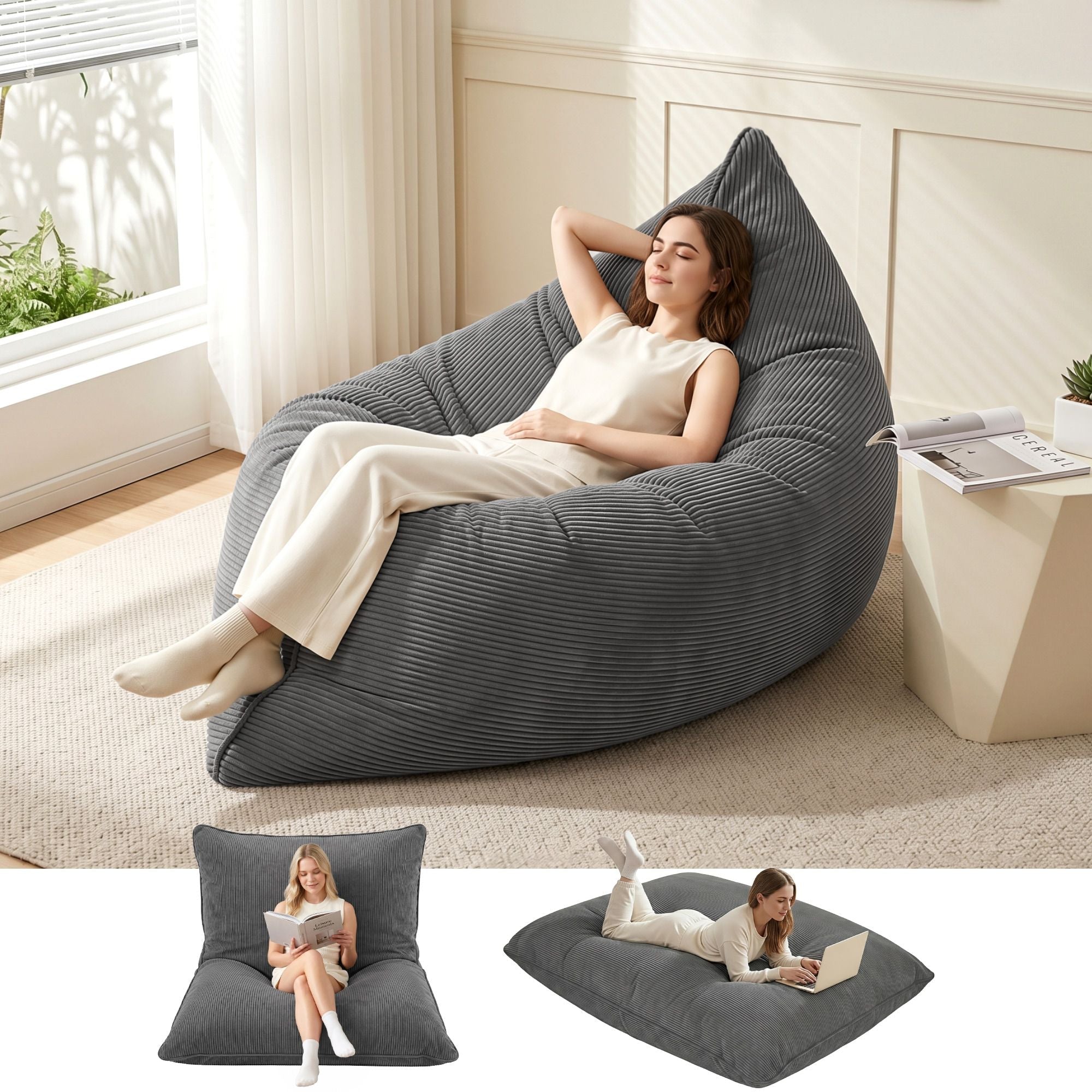3 in 1 Bean Bag Chair Cover (No Filler) Convertible Bean Bag for Adults, Corduroy Stuffed Animal Storage Bean Bag Cover Washable for Living Room Bedroom, Grey - Furniture > Sofas > Sofa Accessories - Rivercity House & Home Co. (ABN 18 642 972 209) - Affordable Modern Furniture Australia