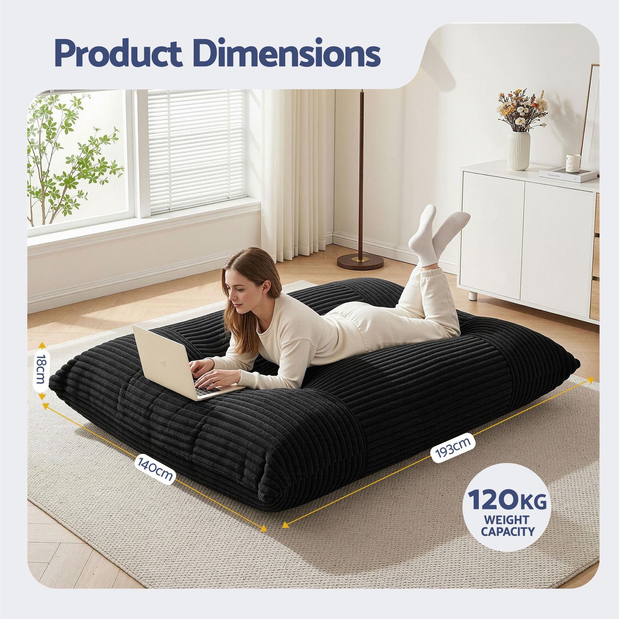 3 - in - 1 Bean Bag Chair for Living Room Convertible Floor Sofa Dark Grey - Furniture > Bar Stools & Chairs > Arm Chairs & Recliners - Rivercity House & Home Co. (ABN 18 642 972 209) - Affordable Modern Furniture Australia