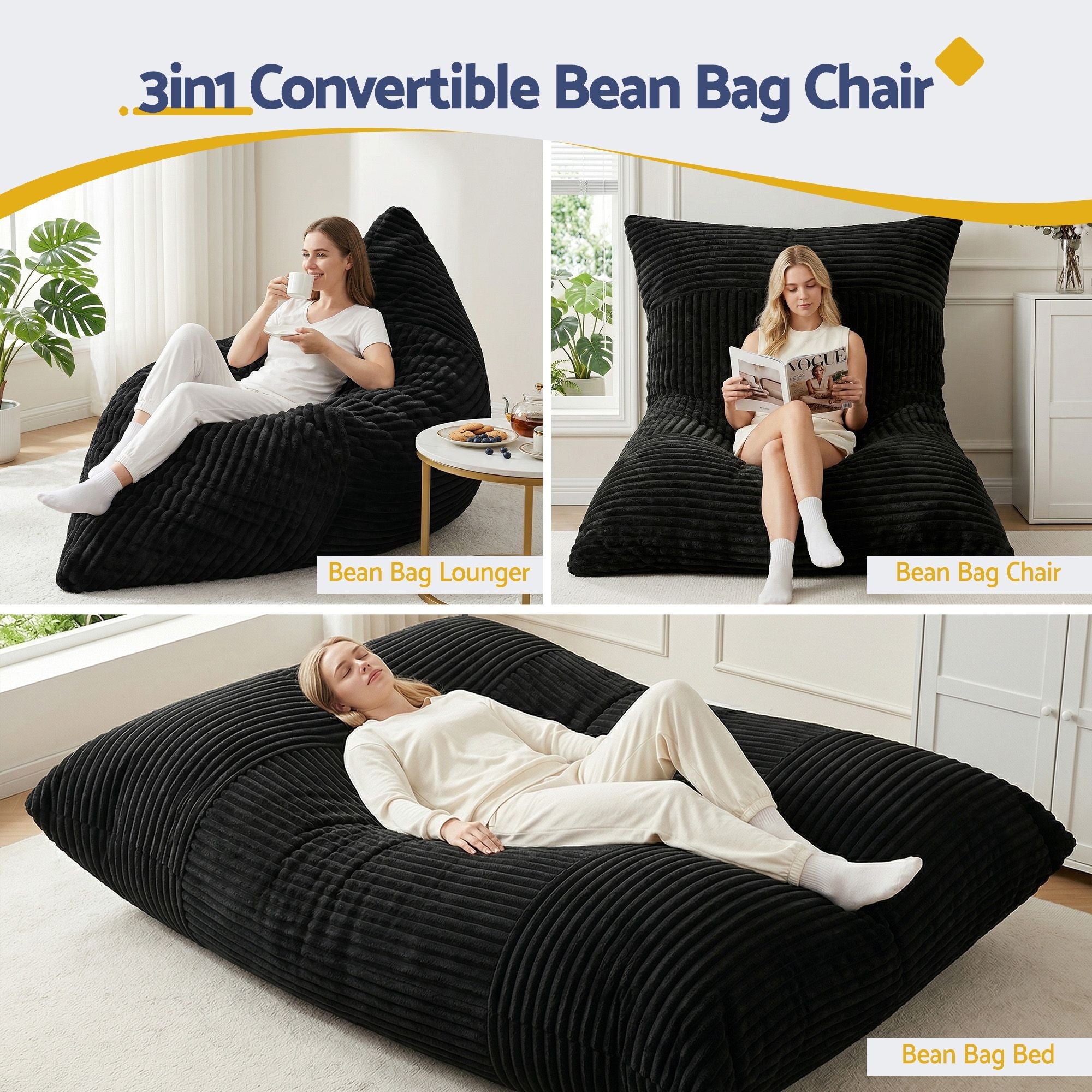 3 - in - 1 Bean Bag Chair for Living Room Convertible Floor Sofa Dark Grey - Furniture > Bar Stools & Chairs > Arm Chairs & Recliners - Rivercity House & Home Co. (ABN 18 642 972 209) - Affordable Modern Furniture Australia