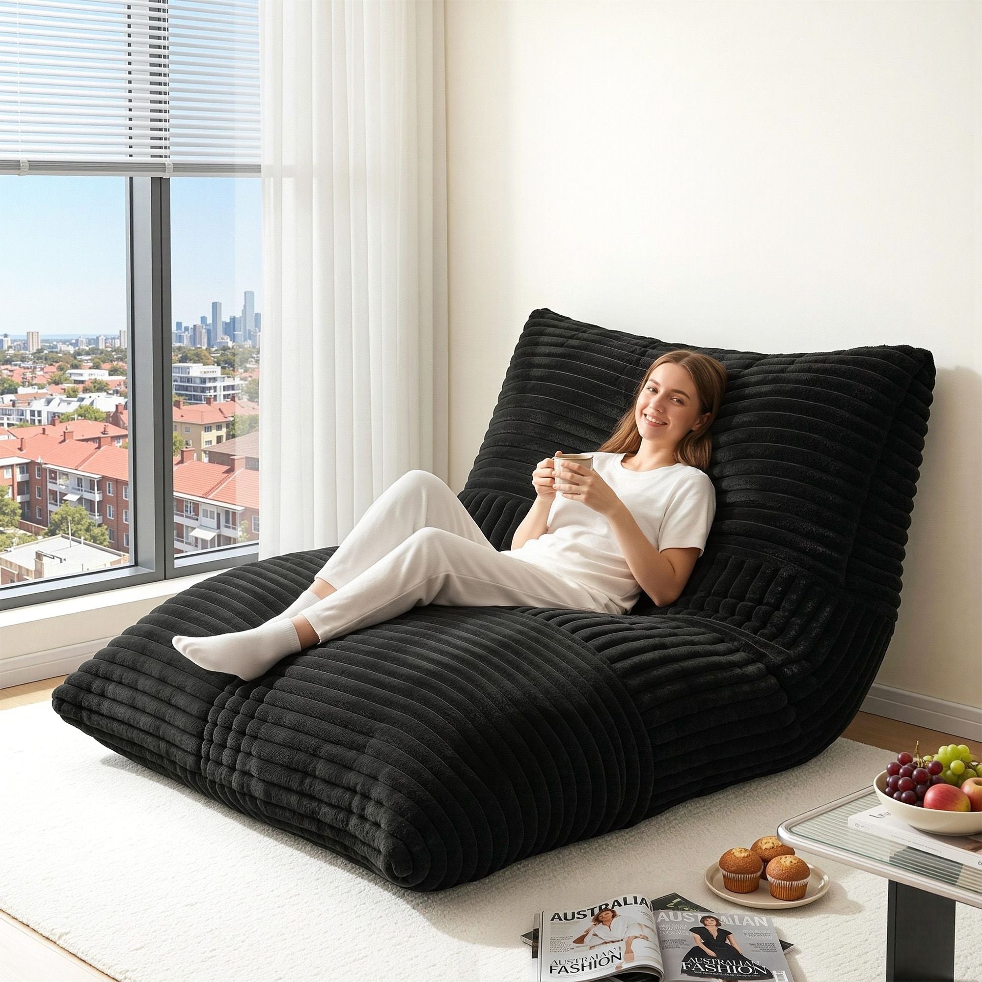 3 - in - 1 Bean Bag Chair for Living Room Convertible Floor Sofa Dark Grey - Furniture > Bar Stools & Chairs > Arm Chairs & Recliners - Rivercity House & Home Co. (ABN 18 642 972 209) - Affordable Modern Furniture Australia