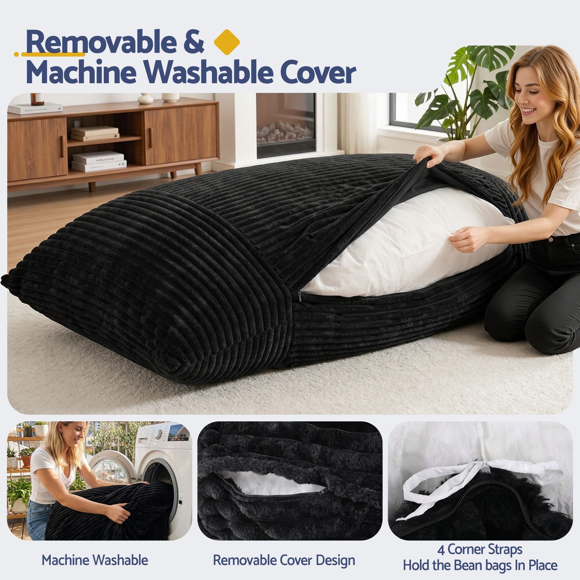 3 - in - 1 Bean Bag Chair for Living Room Convertible Floor Sofa Dark Grey - Furniture > Bar Stools & Chairs > Arm Chairs & Recliners - Rivercity House & Home Co. (ABN 18 642 972 209) - Affordable Modern Furniture Australia