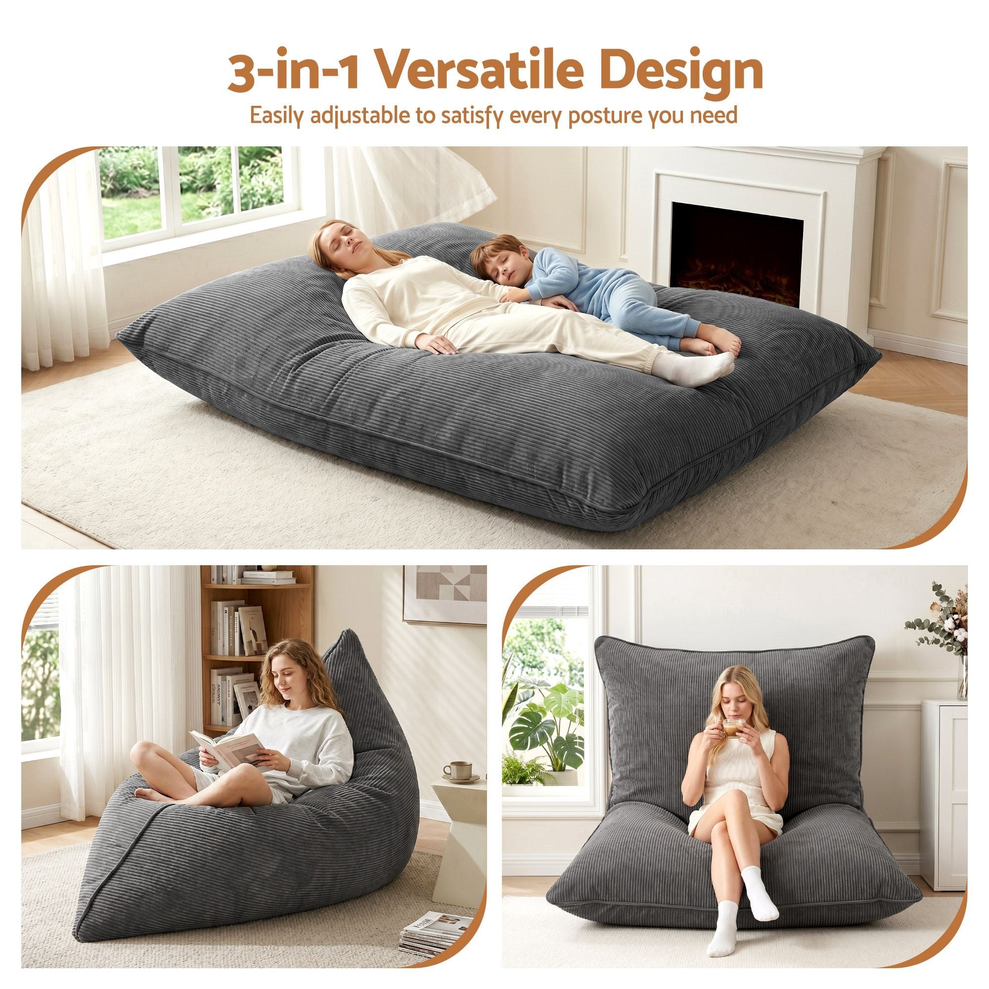 3 in 1 Bean Bag Chair with Filler Convertible Bean Bag for Adults, Corduroy DIY Stuffed Bean Bag Sofa Washable for Living Room Bedroom, Grey - Furniture > Sofas > Sofa Accessories - Rivercity House & Home Co. (ABN 18 642 972 209) - Affordable Modern Furniture Australia