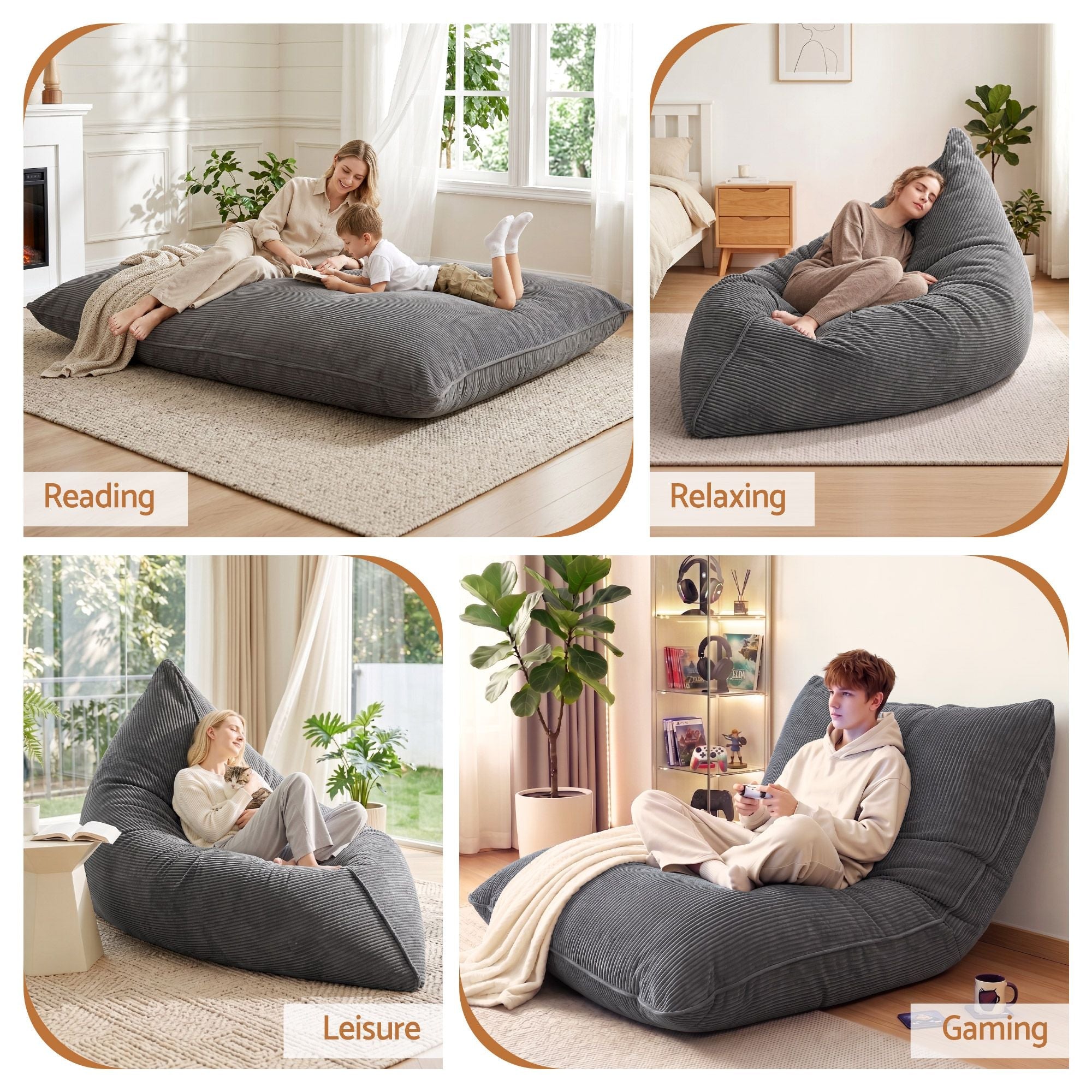 3 in 1 Bean Bag Chair with Filler Convertible Bean Bag for Adults, Corduroy DIY Stuffed Bean Bag Sofa Washable for Living Room Bedroom, Grey - Furniture > Sofas > Sofa Accessories - Rivercity House & Home Co. (ABN 18 642 972 209) - Affordable Modern Furniture Australia