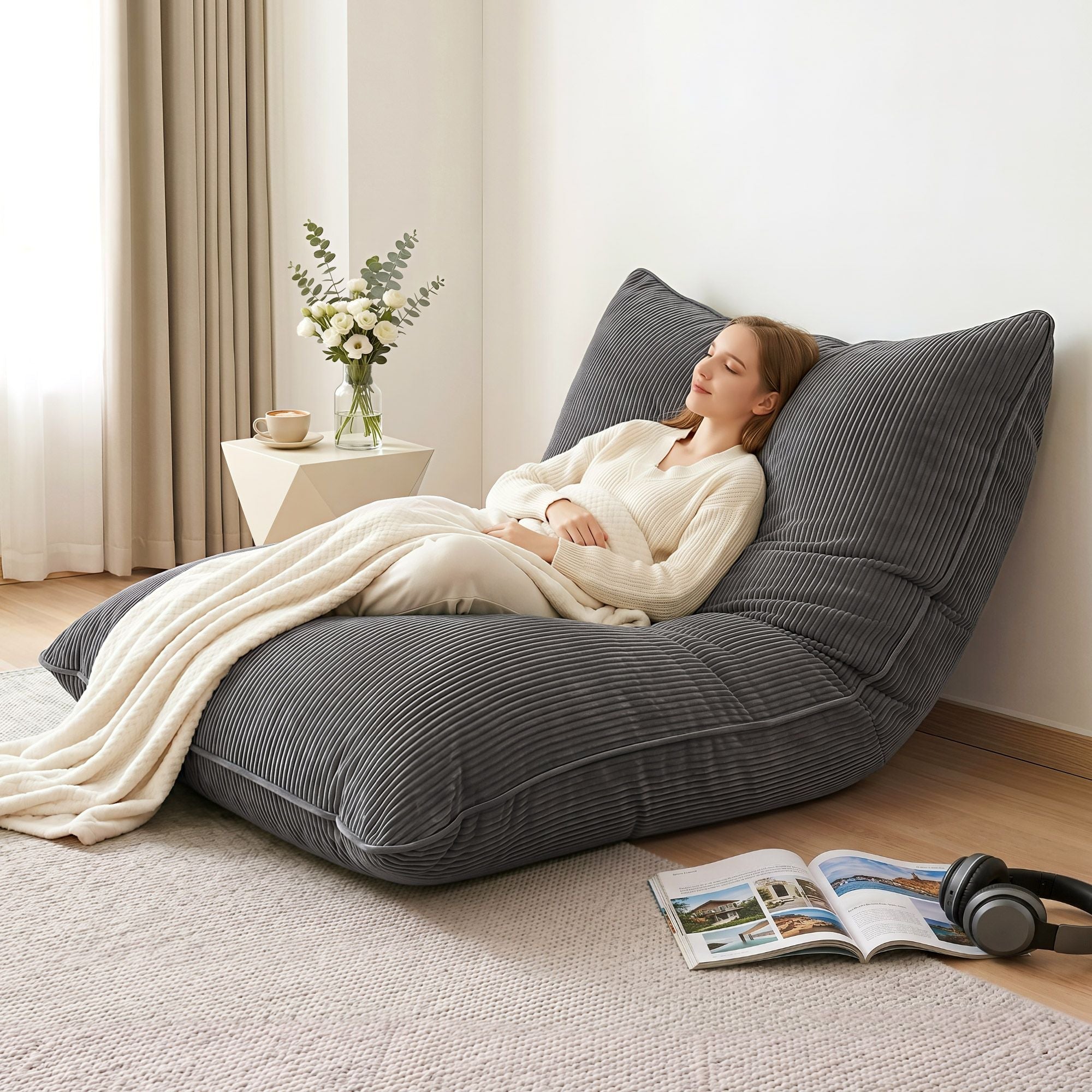 3 in 1 Bean Bag Chair with Filler Convertible Bean Bag for Adults, Corduroy DIY Stuffed Bean Bag Sofa Washable for Living Room Bedroom, Grey - Furniture > Sofas > Sofa Accessories - Rivercity House & Home Co. (ABN 18 642 972 209) - Affordable Modern Furniture Australia