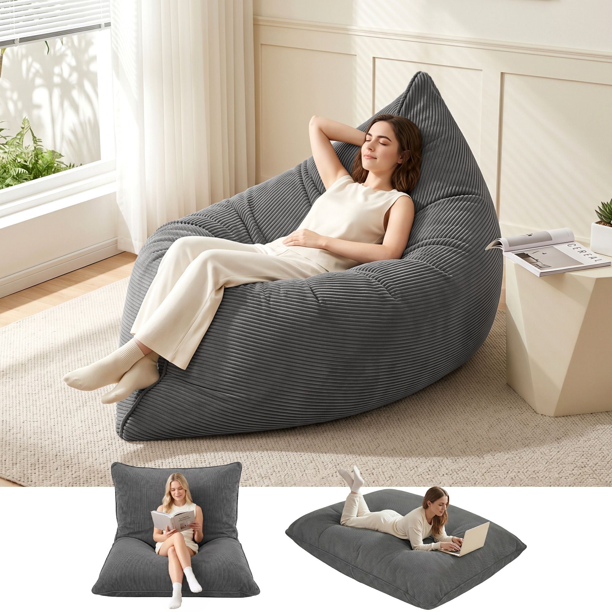 3 in 1 Bean Bag Chair with Filler Convertible Bean Bag for Adults, Corduroy DIY Stuffed Bean Bag Sofa Washable for Living Room Bedroom, Grey - Furniture > Sofas > Sofa Accessories - Rivercity House & Home Co. (ABN 18 642 972 209) - Affordable Modern Furniture Australia