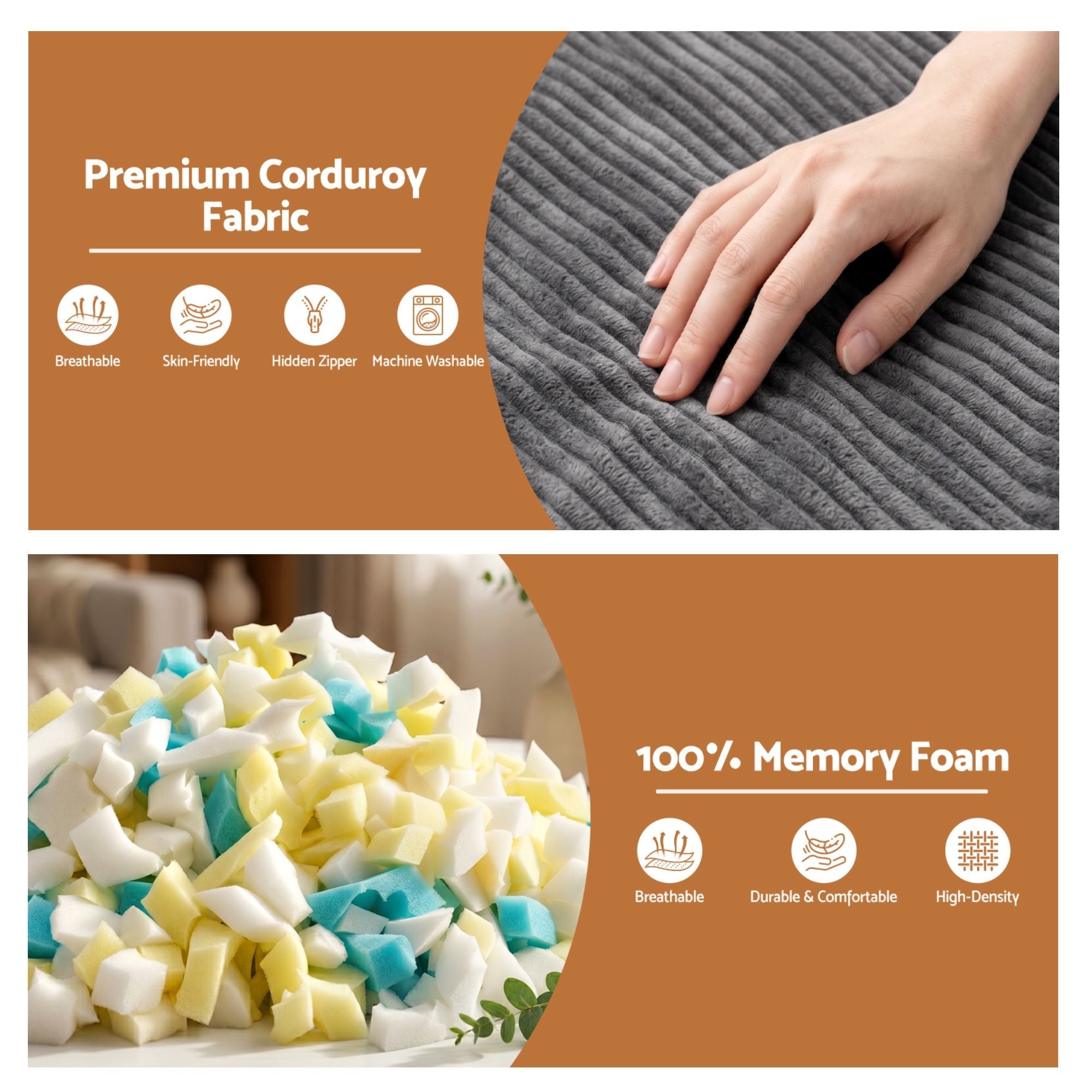 3 in 1 Bean Bag Chair with Filler Convertible Bean Bag for Adults, Corduroy DIY Stuffed Bean Bag Sofa Washable for Living Room Bedroom, Grey - Furniture > Sofas > Sofa Accessories - Rivercity House & Home Co. (ABN 18 642 972 209) - Affordable Modern Furniture Australia