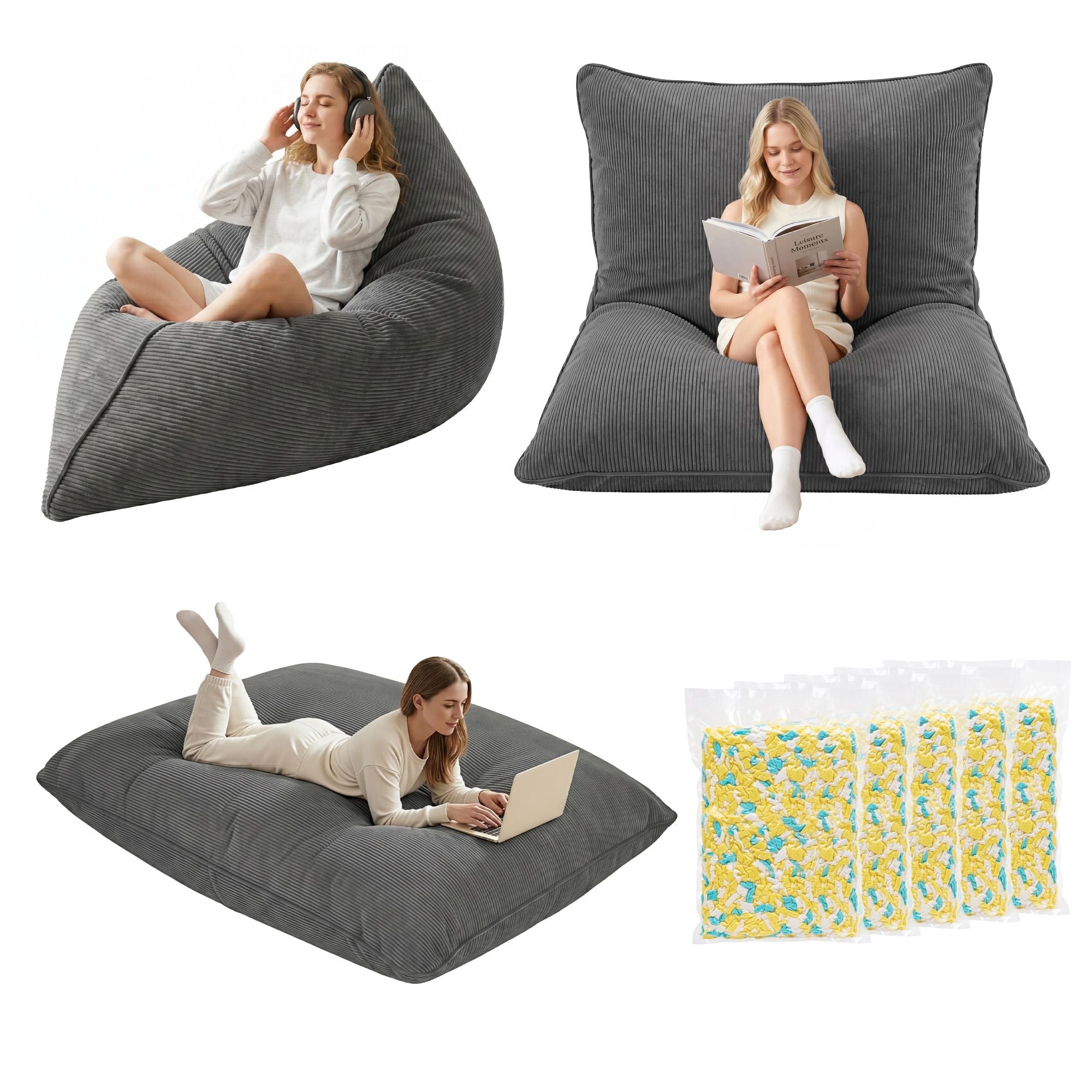 3 in 1 Bean Bag Chair with Filler Convertible Bean Bag for Adults, Corduroy DIY Stuffed Bean Bag Sofa Washable for Living Room Bedroom, Grey - Furniture > Sofas > Sofa Accessories - Rivercity House & Home Co. (ABN 18 642 972 209) - Affordable Modern Furniture Australia