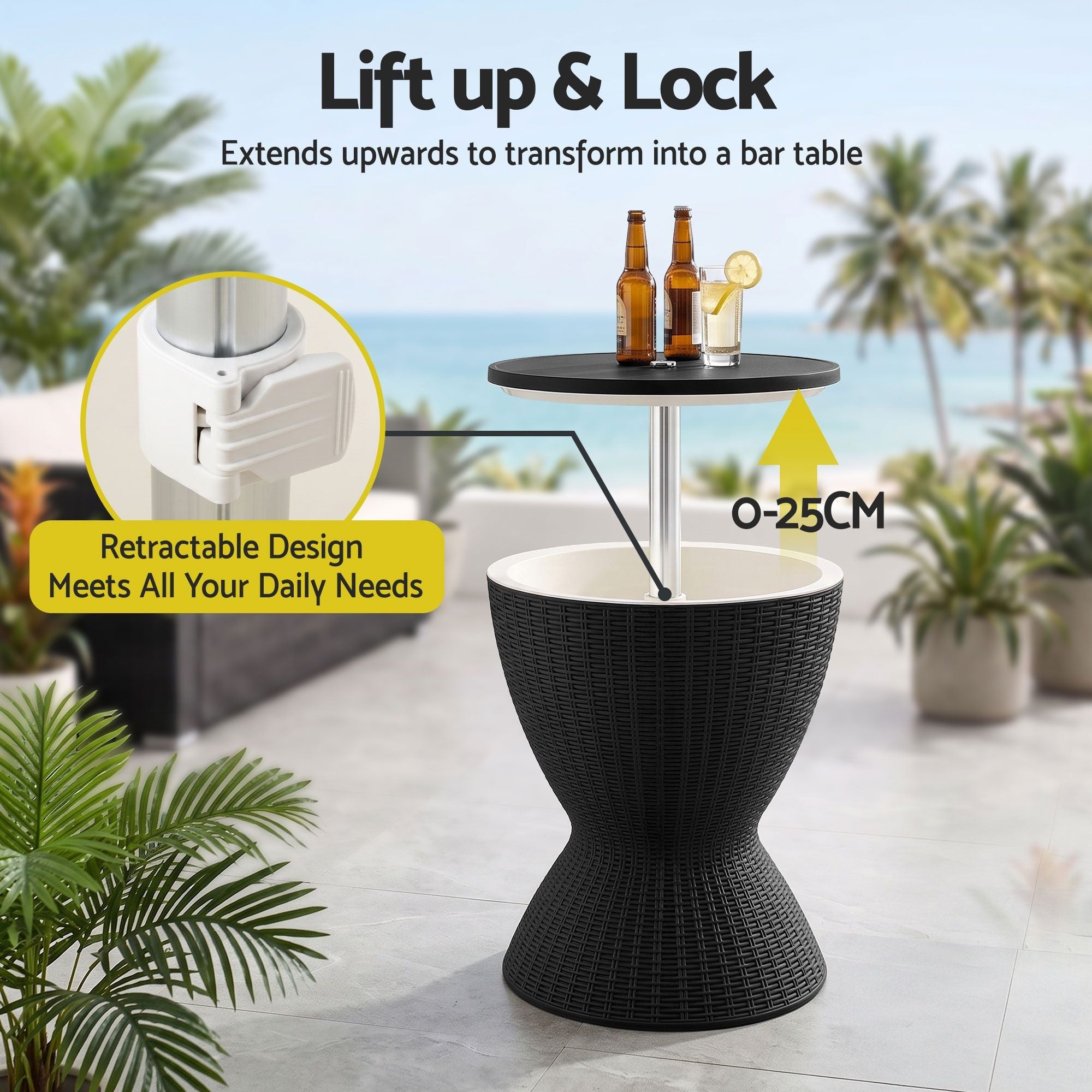 3-in-1 Cooler Bar Table with 30L Ice Bucket and Adjustable Top - Black - Furniture > Outdoor > Outdoor Tables - Rivercity House & Home Co. (ABN 18 642 972 209) - Affordable Modern Furniture Australia