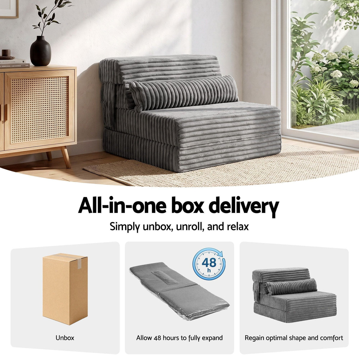 3-in-1 Folding Sofa Bed Armless Lounger Chair with Side Pocket and Pillow - Grey - Furniture > Sofas > Sofas & Sofa Beds - Rivercity House & Home Co. (ABN 18 642 972 209) - Affordable Modern Furniture Australia