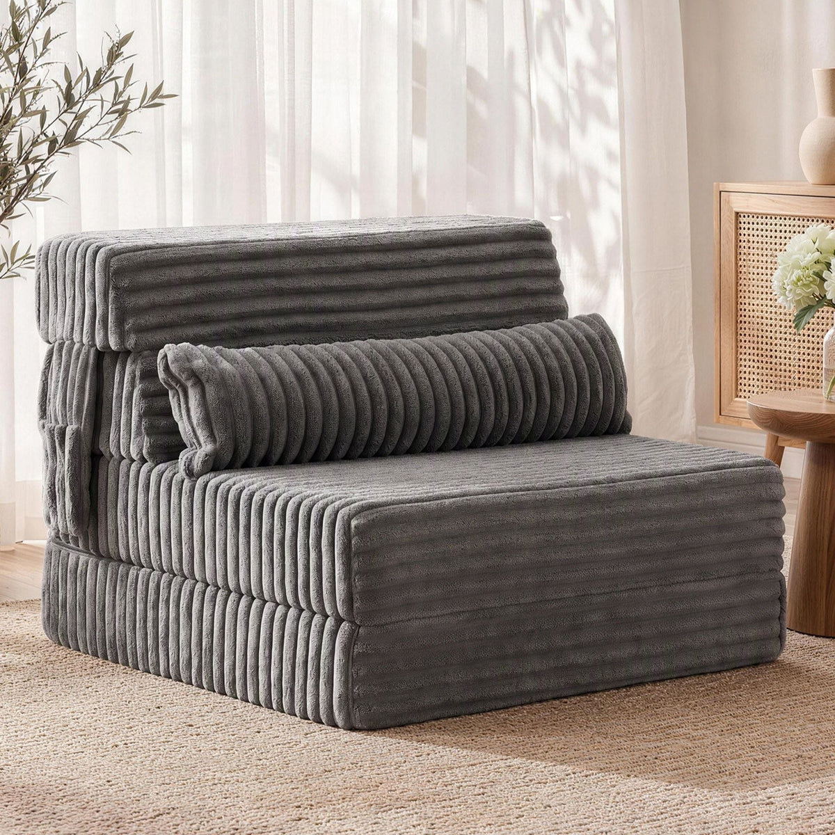 3-in-1 Folding Sofa Bed Armless Lounger Chair with Side Pocket and Pillow - Grey - Furniture > Sofas > Sofas & Sofa Beds - Rivercity House & Home Co. (ABN 18 642 972 209) - Affordable Modern Furniture Australia