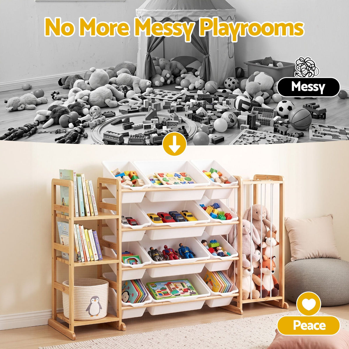 3-in-1 Kids Toy Storage Organiser with 12 Bins, Shelves & Animal Storage - Natural - Baby & Kids > Kid's Furniture > Toy Boxes - Rivercity House & Home Co. (ABN 18 642 972 209) - Affordable Modern Furniture Australia