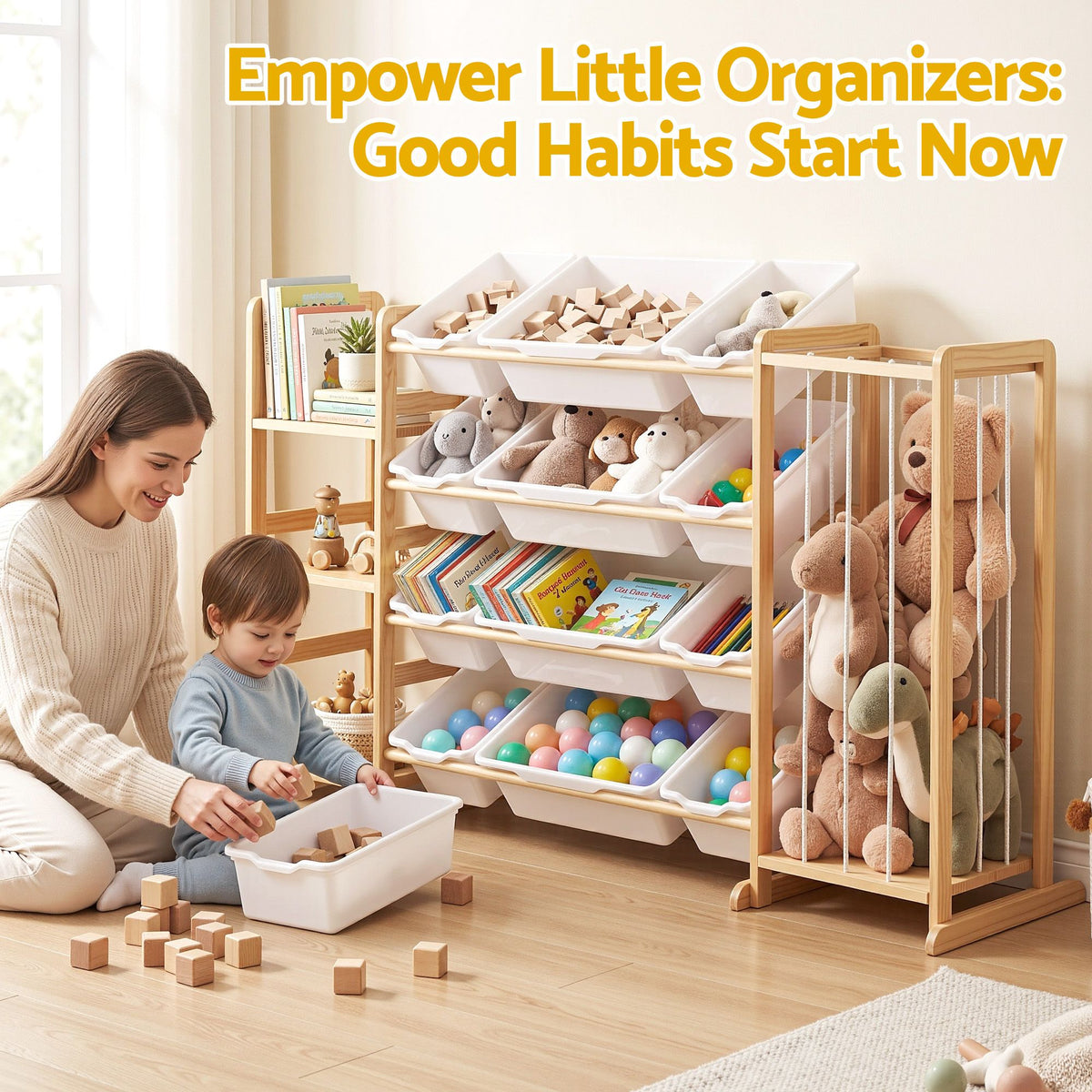 3-in-1 Kids Toy Storage Organiser with 12 Bins, Shelves & Animal Storage - Natural - Baby & Kids > Kid's Furniture > Toy Boxes - Rivercity House & Home Co. (ABN 18 642 972 209) - Affordable Modern Furniture Australia