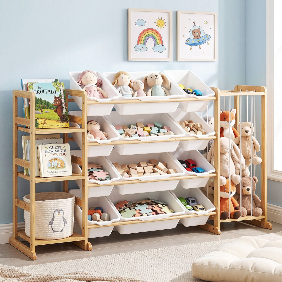 3-in-1 Kids Toy Storage Organiser with 12 Bins, Shelves & Animal Storage - Natural - Baby & Kids > Kid's Furniture > Toy Boxes - Rivercity House & Home Co. (ABN 18 642 972 209) - Affordable Modern Furniture Australia