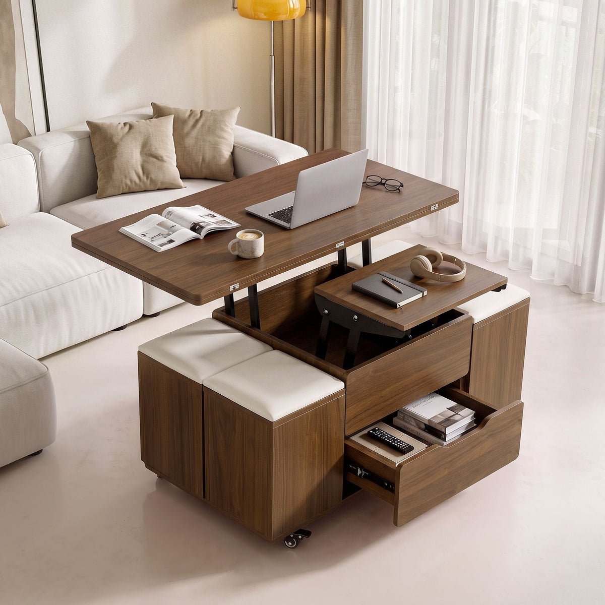 3-in-1 Lift-Top Coffee Table with 4 Cushioned Chairs, Storage, Hydraulic Swivel & Lockable Castors - Walnut - Furniture > Living Room > Coffee Tables - Rivercity House & Home Co. (ABN 18 642 972 209) - Affordable Modern Furniture Australia