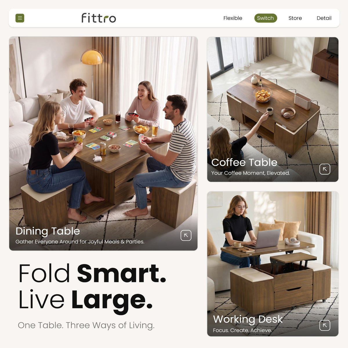 3-in-1 Lift-Top Coffee Table with 4 Cushioned Chairs, Storage, Hydraulic Swivel & Lockable Castors - Walnut - Furniture > Living Room > Coffee Tables - Rivercity House & Home Co. (ABN 18 642 972 209) - Affordable Modern Furniture Australia