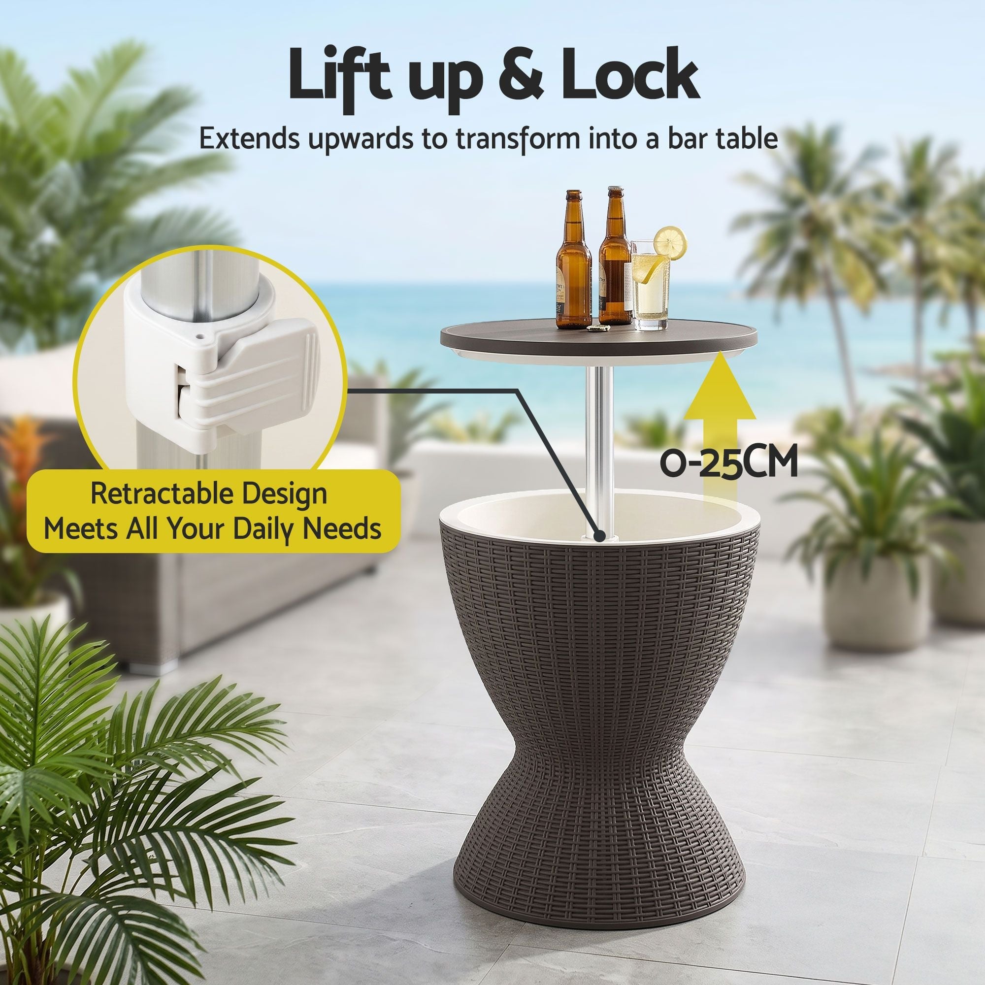 3-in-1 Outdoor Bar Table with 30L Ice Bucket Cooler and Adjustable Top - Brown - Furniture > Outdoor > Outdoor Tables - Rivercity House & Home Co. (ABN 18 642 972 209) - Affordable Modern Furniture Australia