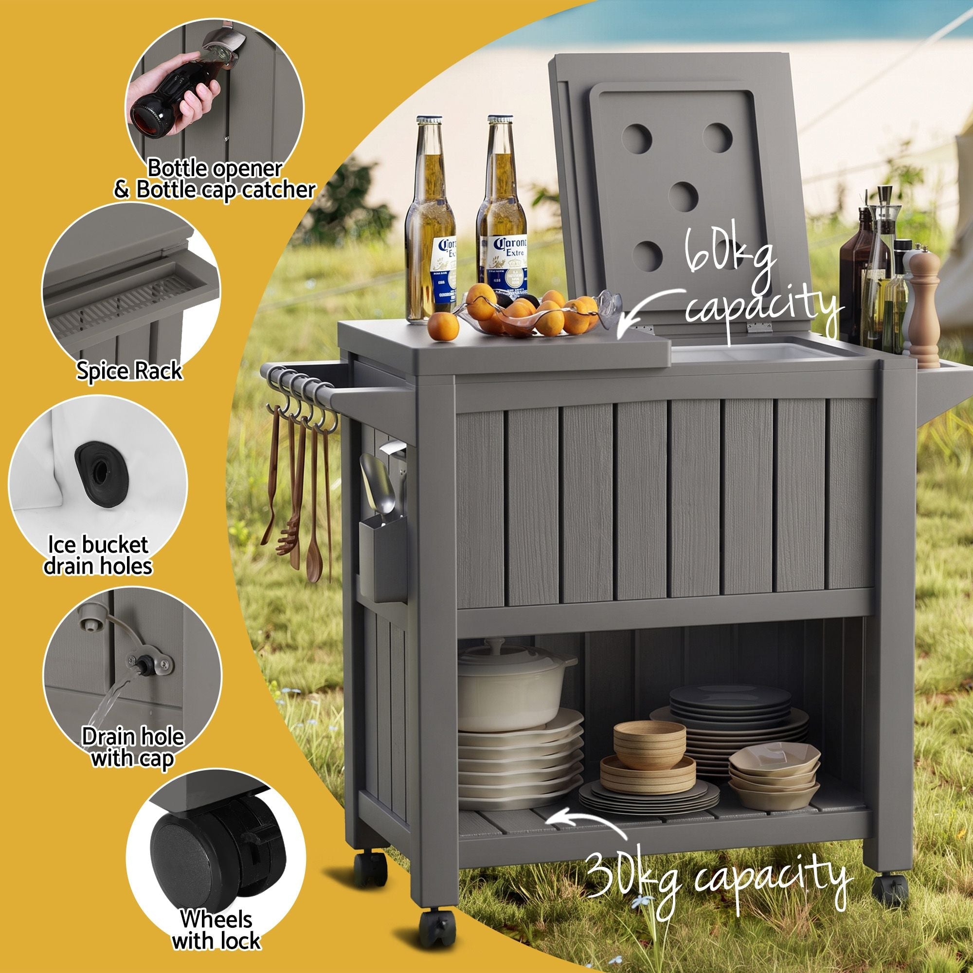 3-in-1 Outdoor Serving Cart with 80L Ice Bucket Cooler and Rolling Storage - Black - Furniture > Outdoor > Outdoor Storage Boxes - Rivercity House & Home Co. (ABN 18 642 972 209) - Affordable Modern Furniture Australia