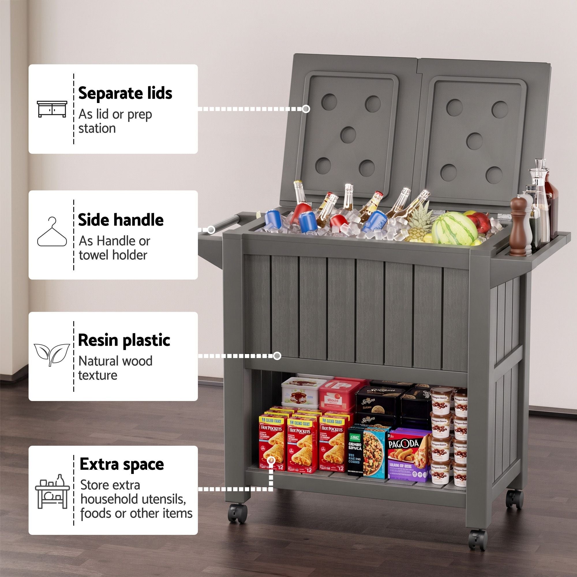 3-in-1 Outdoor Serving Cart with 80L Ice Bucket Cooler and Rolling Storage - Black - Furniture > Outdoor > Outdoor Storage Boxes - Rivercity House & Home Co. (ABN 18 642 972 209) - Affordable Modern Furniture Australia