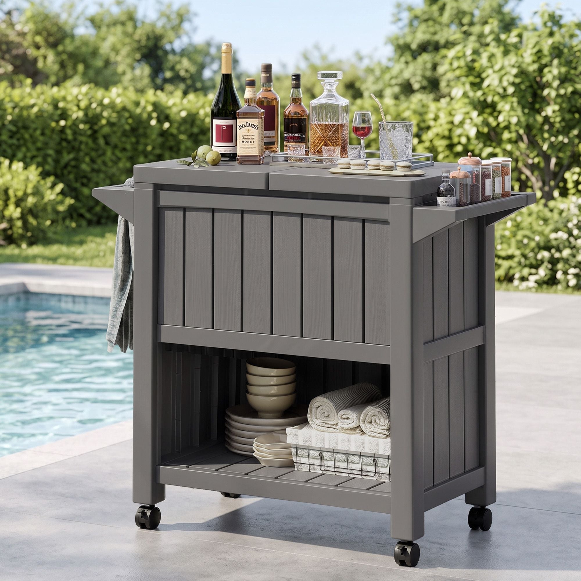 3-in-1 Outdoor Serving Cart with 80L Ice Bucket Cooler and Rolling Storage - Black - Furniture > Outdoor > Outdoor Storage Boxes - Rivercity House & Home Co. (ABN 18 642 972 209) - Affordable Modern Furniture Australia