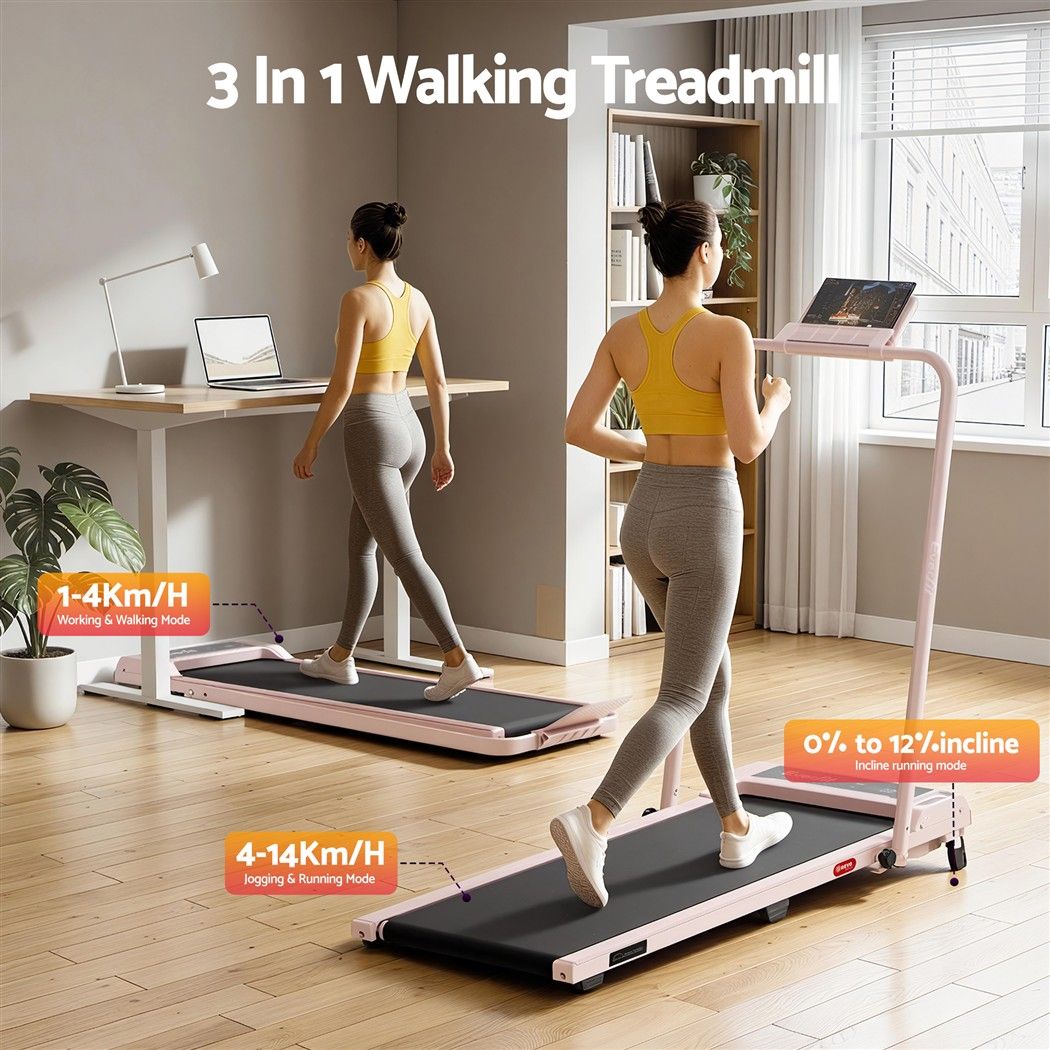 3 in 1 Walking Pad Treadmill 12% Incline Foldable Under Desk Treadmills for Home Gym With 40cm Wide Belt Pink - Sports & Fitness > Exercise, Gym & Fitness > Treadmills - Rivercity House & Home Co. (ABN 18 642 972 209) - Affordable Modern Furniture Australia