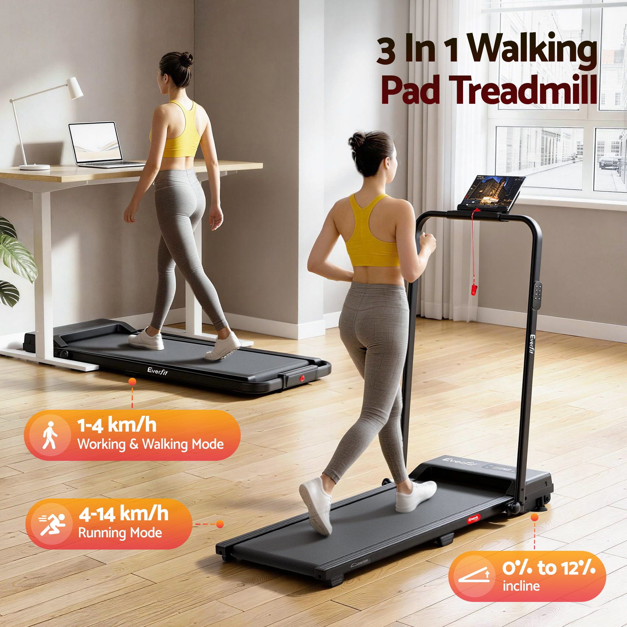 3 in 1 Walking Pad Treadmill 12% Incline Under Desk Foldable Treadmills for Home Gym With 38cm Wide Belt APP Control - Sports & Fitness > Exercise, Gym & Fitness > Treadmills - Rivercity House & Home Co. (ABN 18 642 972 209) - Affordable Modern Furniture Australia