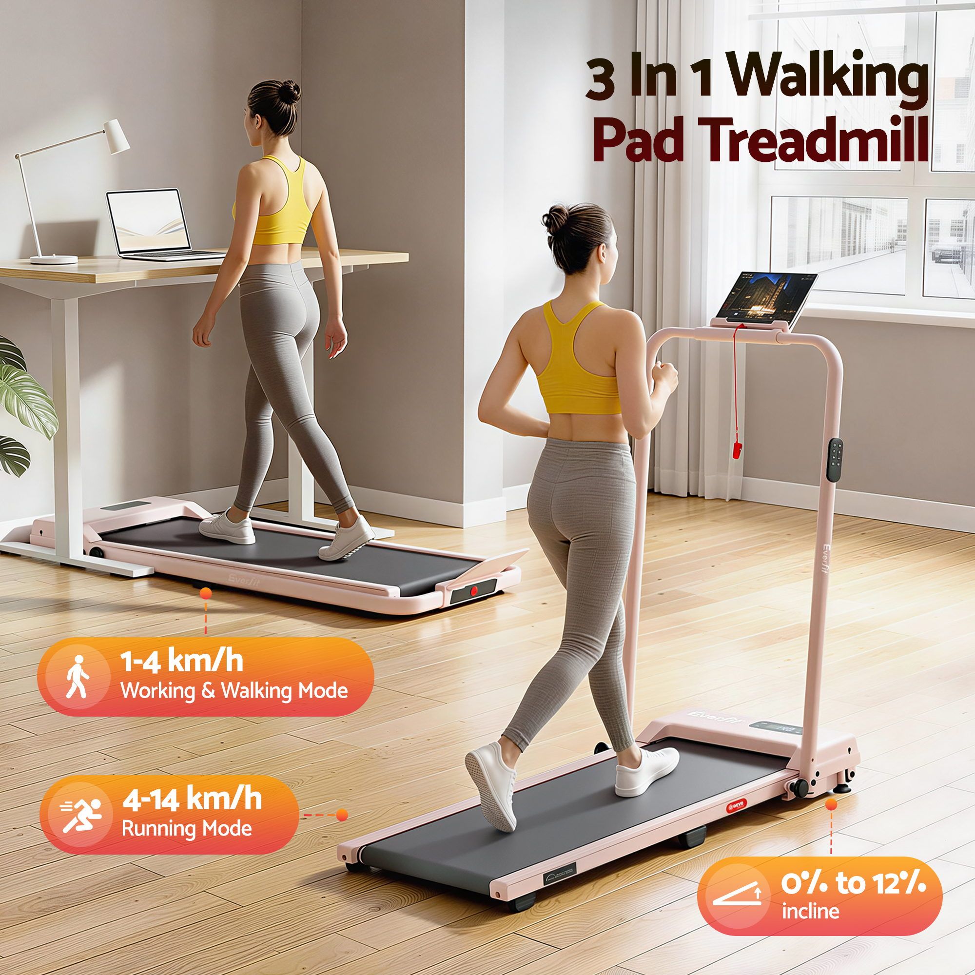 3 in 1 Walking Pad Treadmill 12% Incline Under Desk Treadmills for Home Gym With 38cm Wide Belt APP Control - Sports & Fitness > Exercise, Gym & Fitness > Treadmills - Rivercity House & Home Co. (ABN 18 642 972 209) - Affordable Modern Furniture Australia