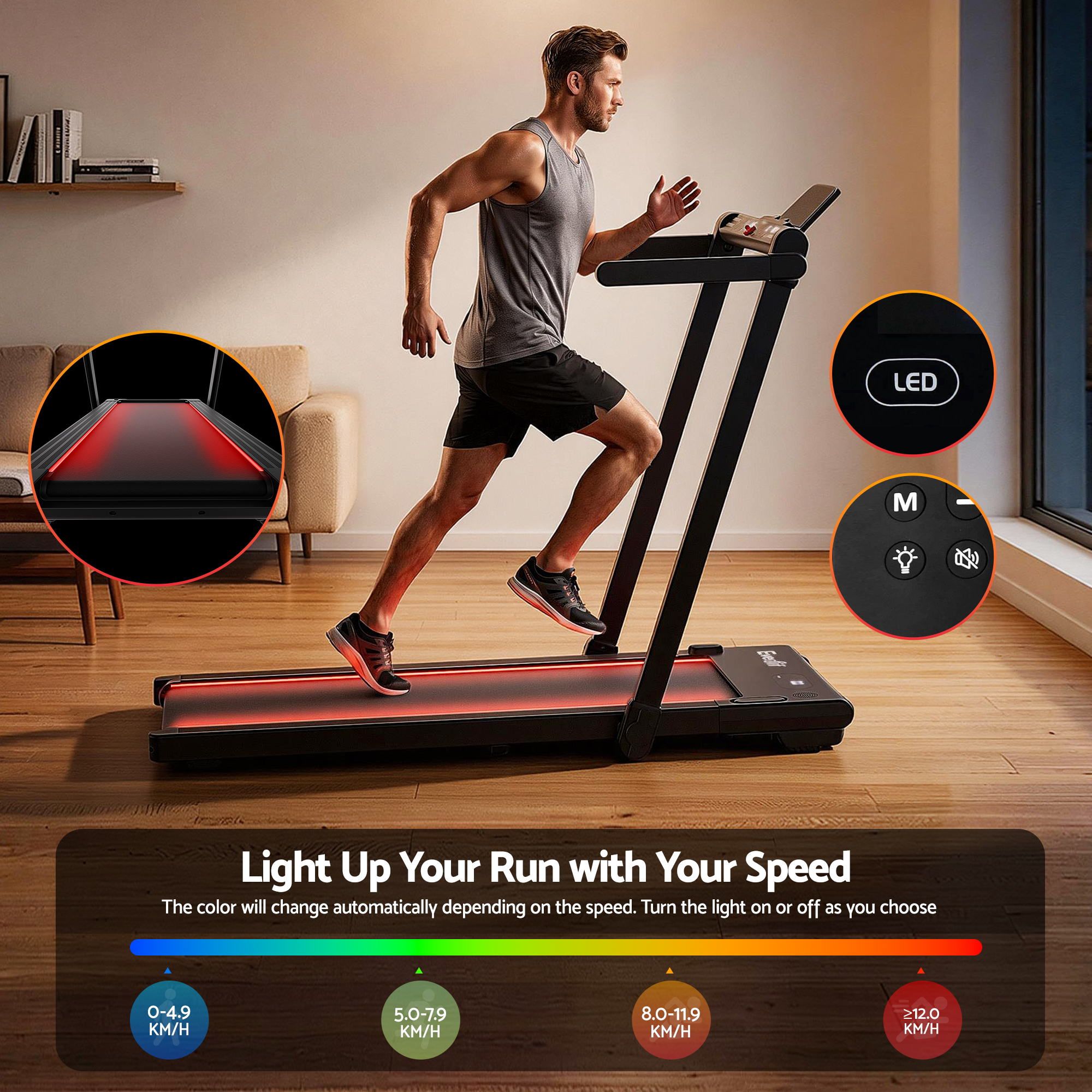 3 in 1 Walking Pad Treadmill With Led Lights Foldable Under Desk Treadmills for Home Gym 40cm Wide Belt Black - Sports & Fitness > Exercise, Gym & Fitness > Treadmills - Rivercity House & Home Co. (ABN 18 642 972 209) - Affordable Modern Furniture Australia