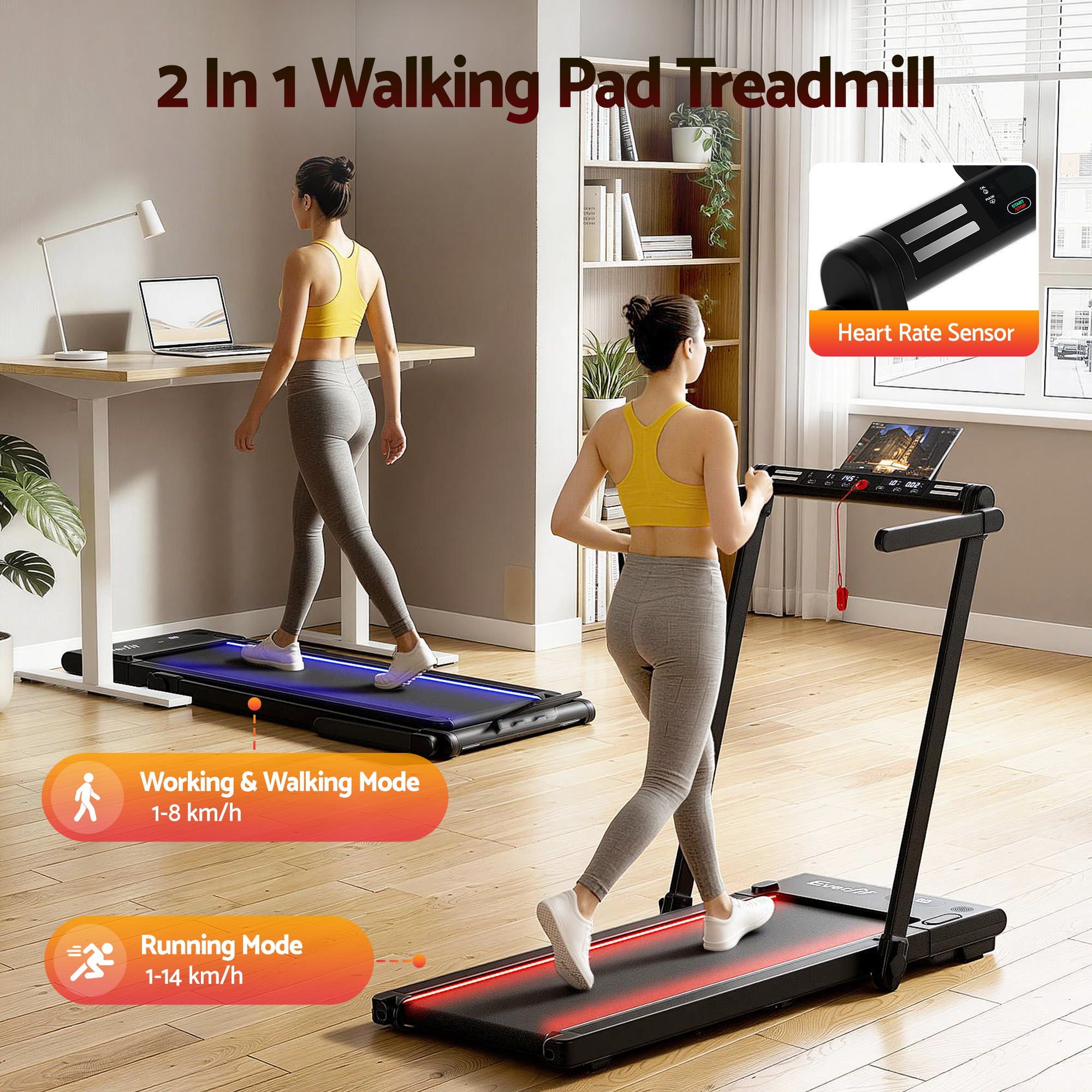 3 in 1 Walking Pad Treadmill With Led Lights Foldable Under Desk Treadmills for Home Gym 40cm Wide Belt Black - Sports & Fitness > Exercise, Gym & Fitness > Treadmills - Rivercity House & Home Co. (ABN 18 642 972 209) - Affordable Modern Furniture Australia