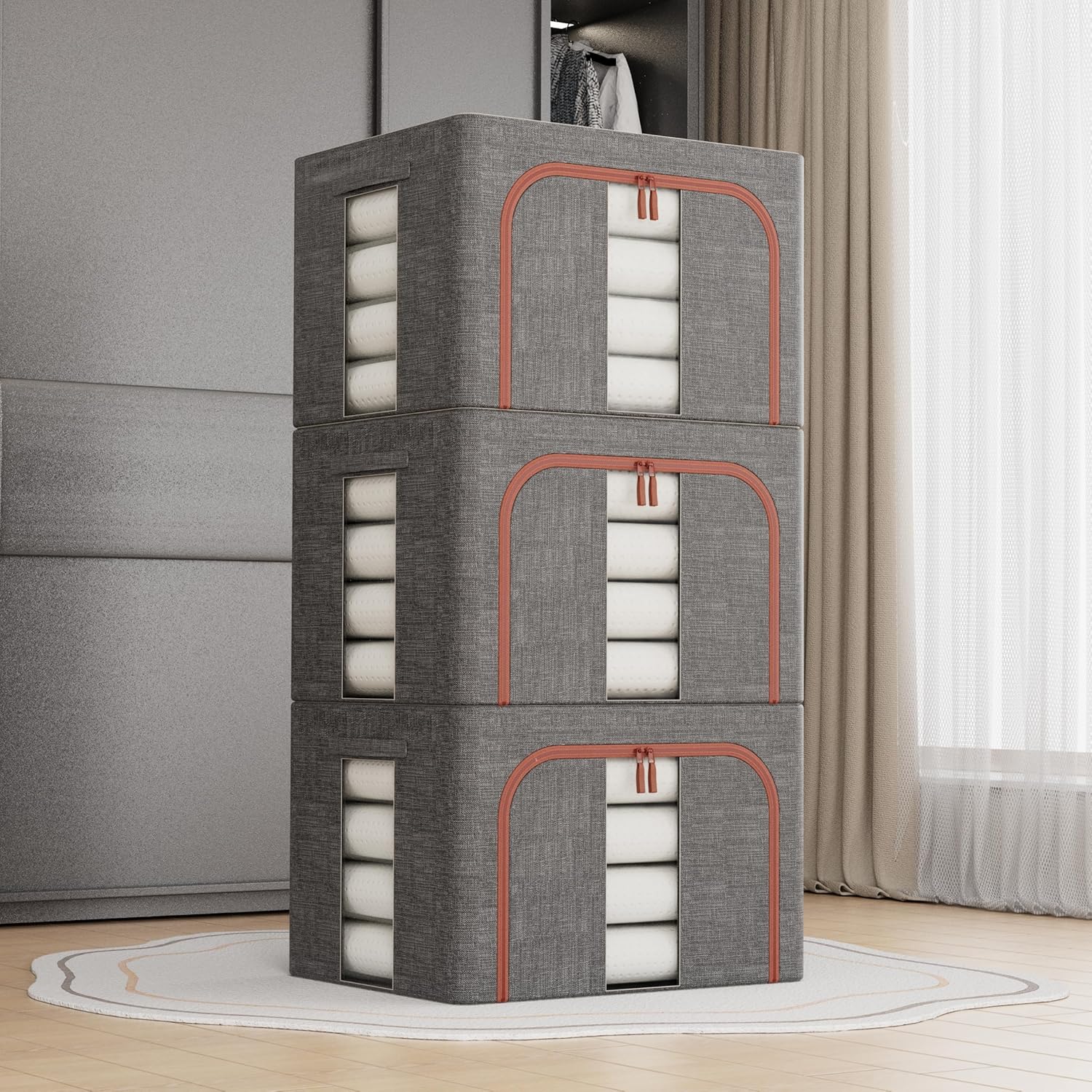 3 Pack Large 66L Clothes Storage Bins with Lids for Clothing, Bedding, Toys - Grey - Home & Garden > Storage > Clothing & Wardrobe Storage - Rivercity House & Home Co. (ABN 18 642 972 209) - Affordable Modern Furniture Australia