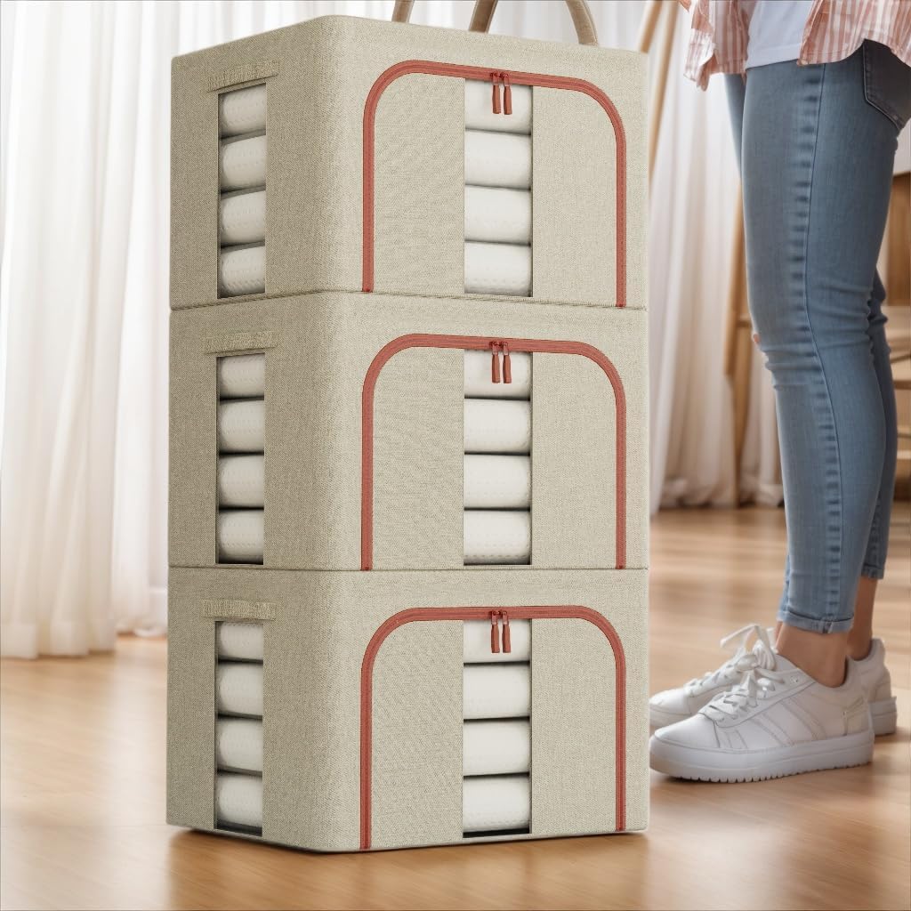 3 Pack Large Clothes Storage Bins with Lids 66L Capacity for Clothing, Bedding, Toys - Beige - Home & Garden > Storage > Clothing & Wardrobe Storage - Rivercity House & Home Co. (ABN 18 642 972 209) - Affordable Modern Furniture Australia