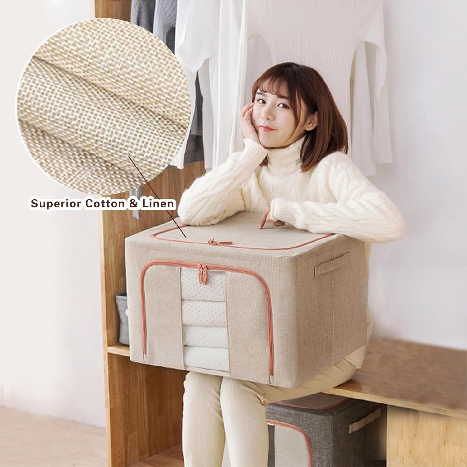 3 Pack Large Clothes Storage Bins with Lids 66L Capacity for Clothing, Bedding, Toys - Beige - Home & Garden > Storage > Clothing & Wardrobe Storage - Rivercity House & Home Co. (ABN 18 642 972 209) - Affordable Modern Furniture Australia