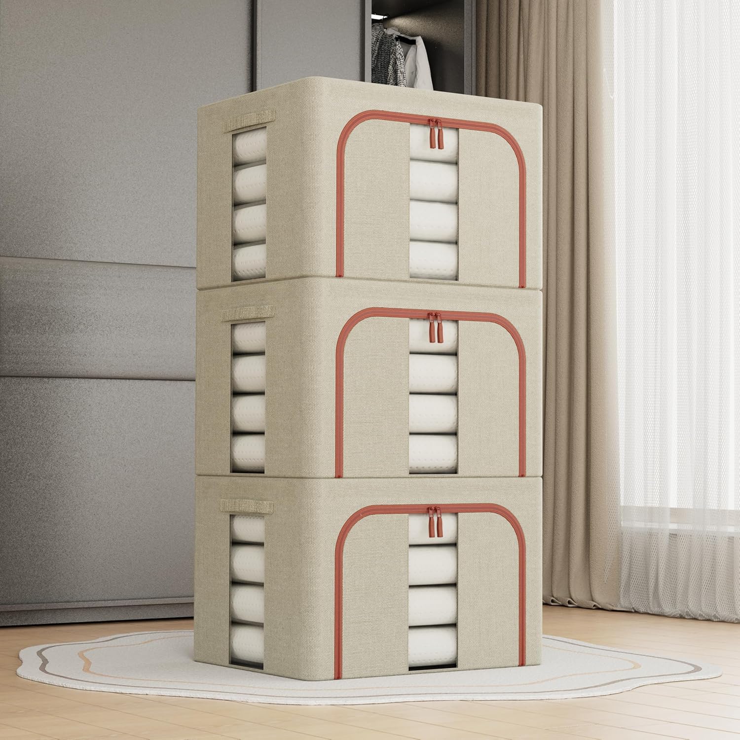 3 Pack Large Clothes Storage Bins with Lids 66L Capacity for Clothing, Bedding, Toys - Beige - Home & Garden > Storage > Clothing & Wardrobe Storage - Rivercity House & Home Co. (ABN 18 642 972 209) - Affordable Modern Furniture Australia