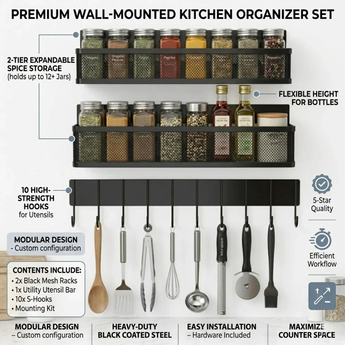 3 Pack Magnetic Spice Rack with Hook Bar for Fridge and Kitchen - Black - Home & Garden > Kitchenware > Food Storage - Rivercity House & Home Co. (ABN 18 642 972 209) - Affordable Modern Furniture Australia