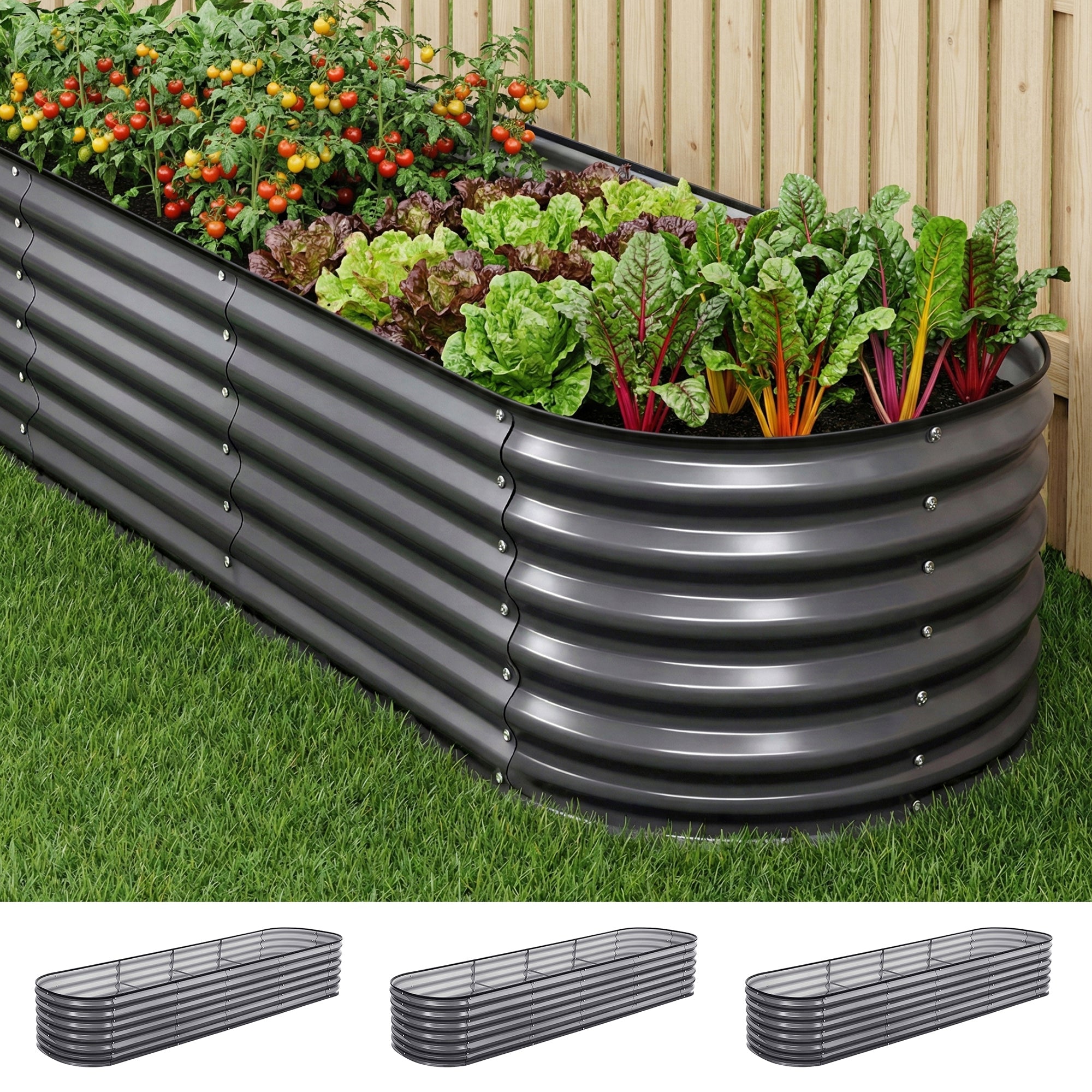 3 Pcs Raised Garden Bed Kit Oval Galvanized Steel Planter Boxes 320x80x56cm, Heavy Duty Metal Elevated Garden Bed for Vegetables Flowers Herbs, with Safety Edging, Gloves & Pegs Included - Home & Garden > Garden Beds > Garden Beds & Planters - Rivercity House & Home Co. (ABN 18 642 972 209) - Affordable Modern Furniture Australia