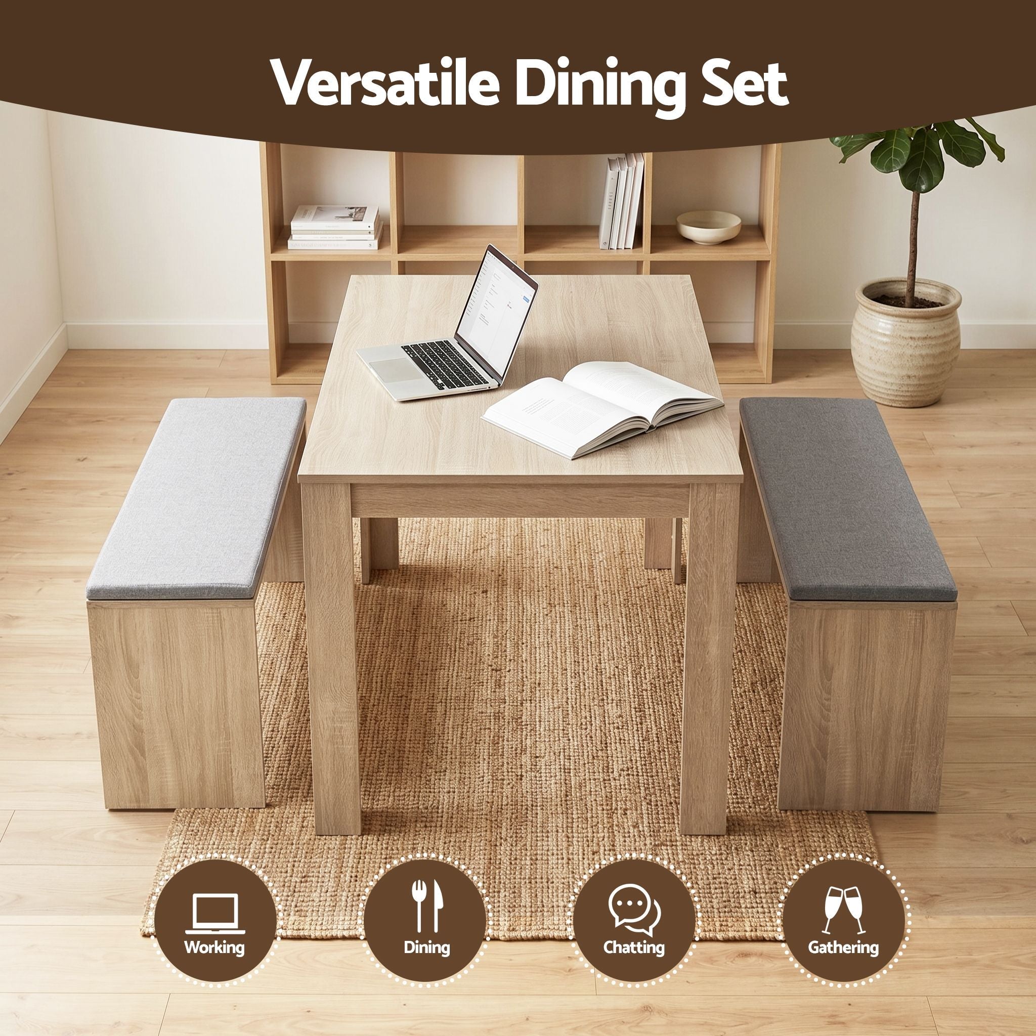 3 Piece Dining Sets, 120cm Wooden Dining Table and 2 Upholstered Chairs Set, Space - Saving Modern Kitchen Dining Suite for Home Apartment (Oak) - Furniture > Dining > Dining Set - Rivercity House & Home Co. (ABN 18 642 972 209) - Affordable Modern Furniture Australia