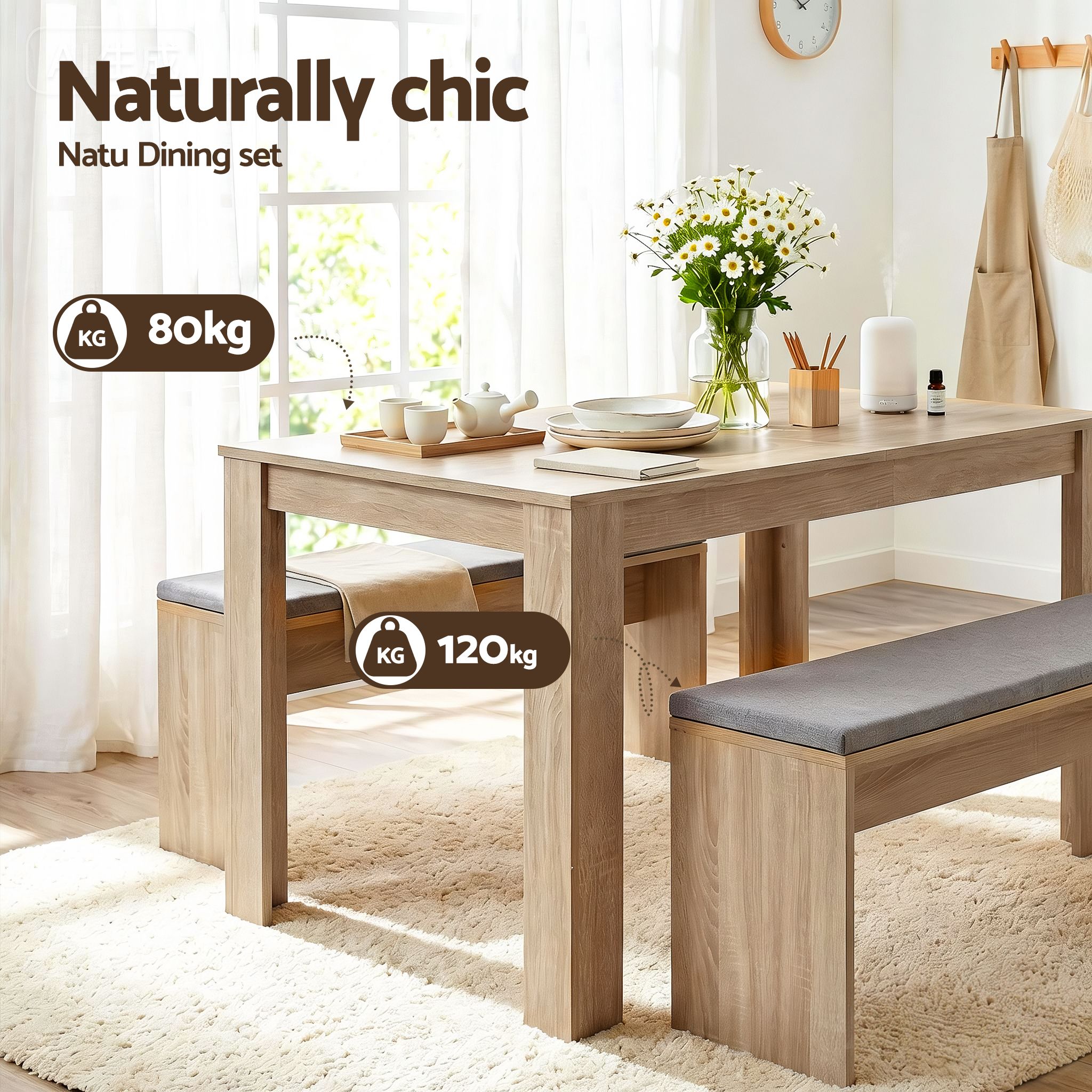 3 Piece Dining Sets, 120cm Wooden Dining Table and 2 Upholstered Chairs Set, Space - Saving Modern Kitchen Dining Suite for Home Apartment (Oak) - Furniture > Dining > Dining Set - Rivercity House & Home Co. (ABN 18 642 972 209) - Affordable Modern Furniture Australia