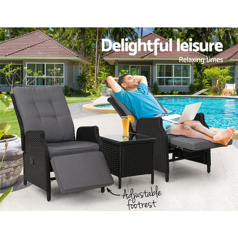 3 Piece Elizabeth Wicker Recliner Chairs with Table (Black) - Rivercity House & Home Co. (ABN 18 642 972 209) - Affordable Modern Furniture Australia